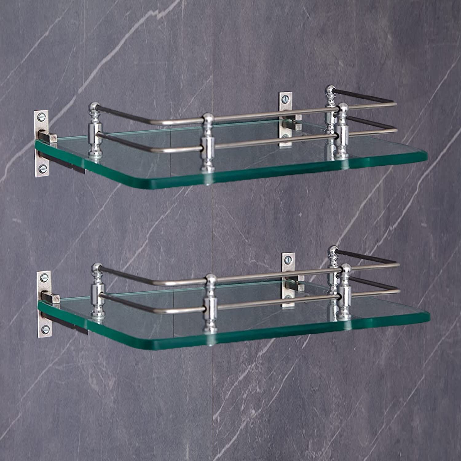 FORTUNE Multipurpose Wall Hung Transparent Glass Shelf for Bathroom or Living Room, Bathroom Accessories 12 x 6 - Inch - (Pack of 2)