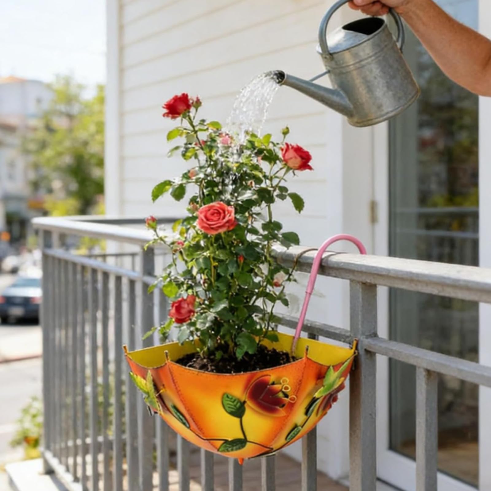 HTU Metal Umbrella Hanging Planter, Metal Plant Umbrellas Pots with Drainage Holes, No-Drill Farmhouse Umbrella Shaped Wall Hanging Planter for Flowers Indoors Outdoors Home Windows Use-Orange