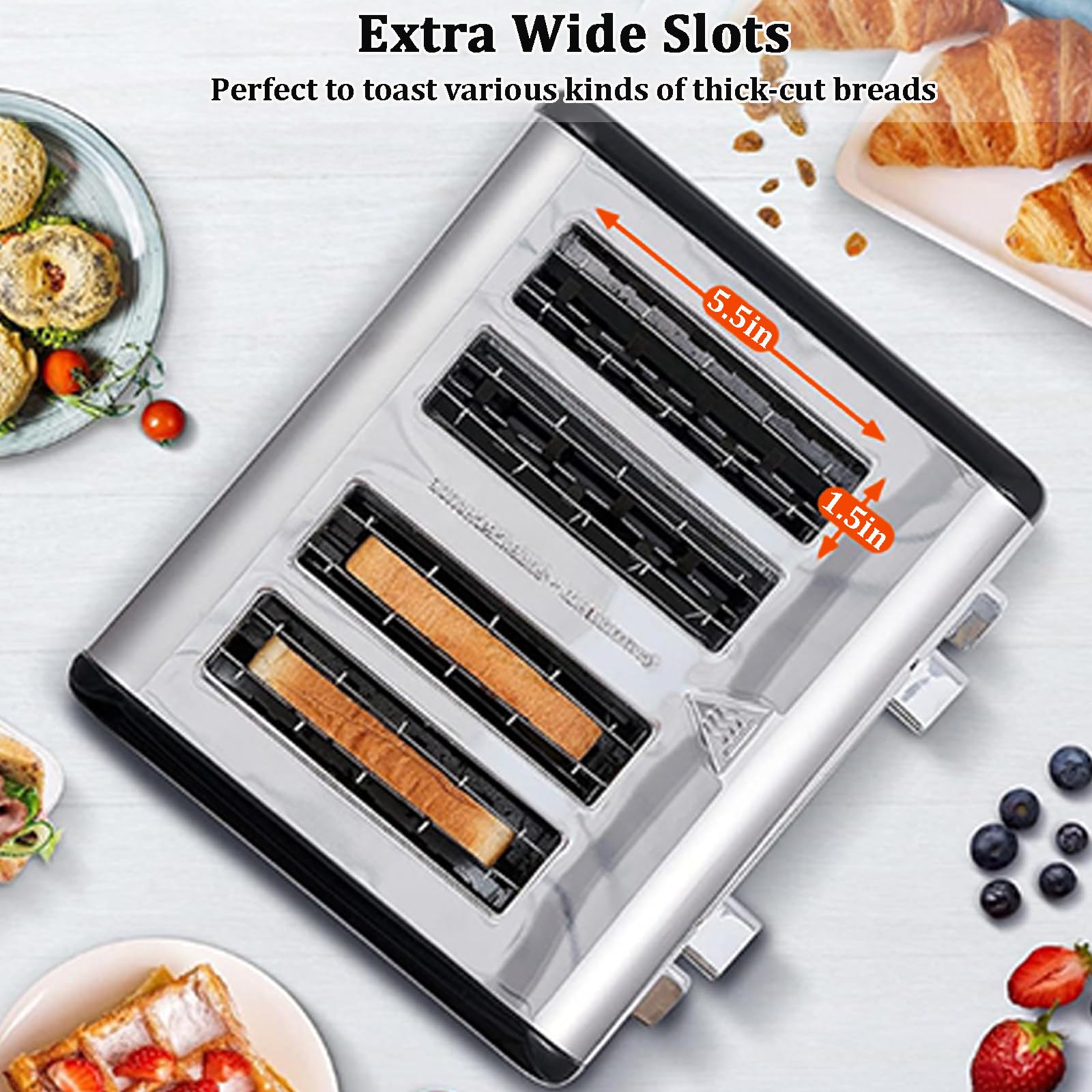 Tostapane In Acciaio Inox, Timer Per Il Conto Alla Rovescia, Funzioni Bagel/Scongelamento/Riscaldamento/Annullamento, Griglia Scaldavivande, Vassoio Rimovibile