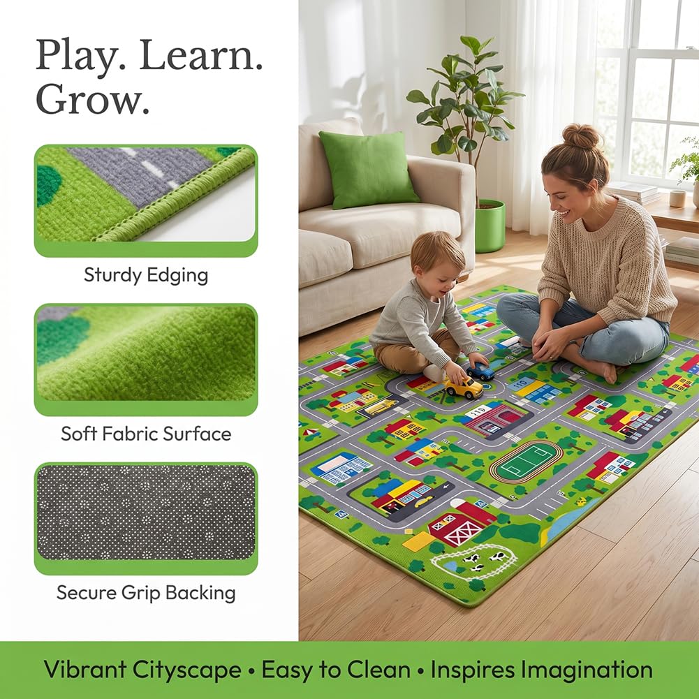 Spielteppich Stadt Rectangular Anti Slip Rug, Weicher Kuscheliger Teppich Kristall, Cartoon Teppiche Fein Vernähter Rand Ideale für Kinderzimmerdekoration und Spielspaß 80 * 120CM (Green)