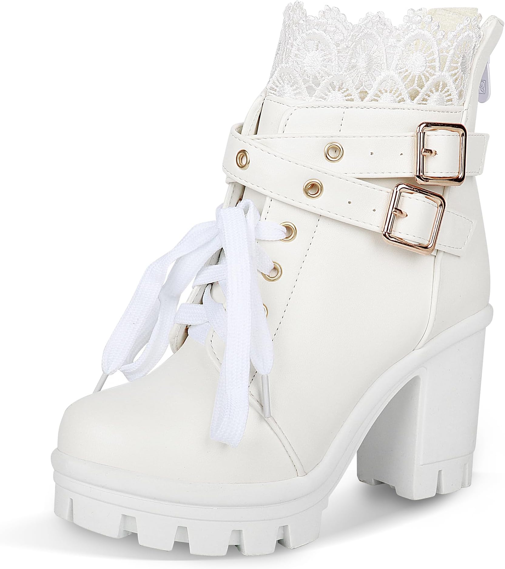 Women's Chunky Platform High Heel Boots Lace Up Gothic Ankle Booties Block Heel Buckle Punk Shoes(White/1,10)