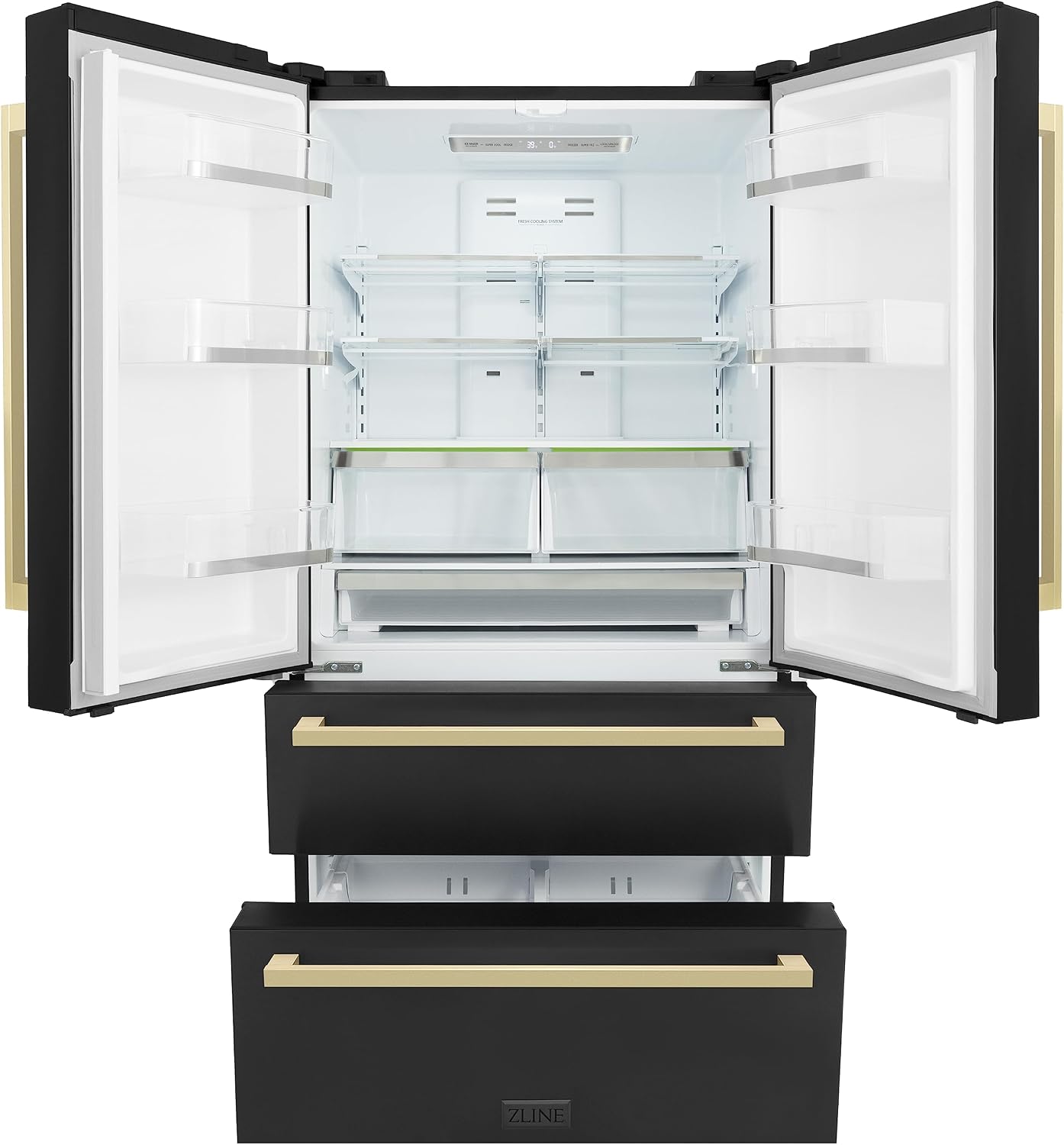 ZLINE Autograph Edition 36 in. 22.5 cu. ft. Counter-Depth French Door Refrigerator with Ice Maker in Fingerprint-Resistant Black Stainless Steel and Champagne Bronze Modern Handles (RFMZ-36-BS-FCB)