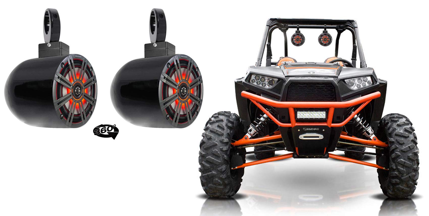 Rockville Audiosavings Bundle: (1) Pair MAC65B AluminumTower Speaker Pod Bundle with (2) MAC360B Swivel Mount Clamps 4 Wakeboards, (2) Kicker 45KM654L Marine Speakers (6 Items)