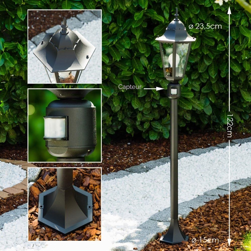 hofstein Lampadaire extérieur HongKong avec détecteur de mouvement, en aluminium noir, de 112 cm de haut, pour une ampoule E27, ampoule(s) non incluse(s)