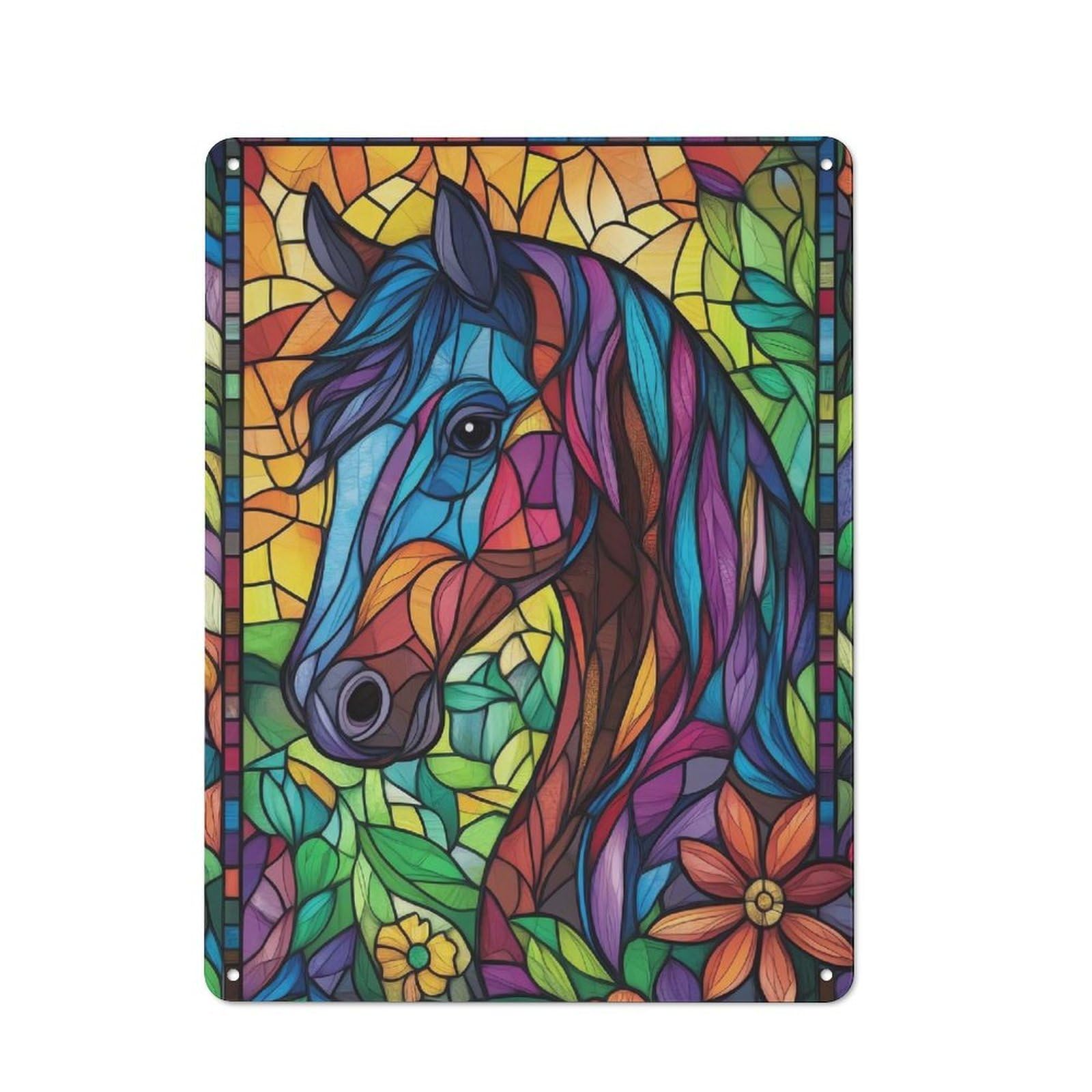Junmoney Stained Glass Horse Vintage Tin Sign 40X30cm For Garden Room Or Summerhouse, For A Newly Organised Room And Metal Sign Display