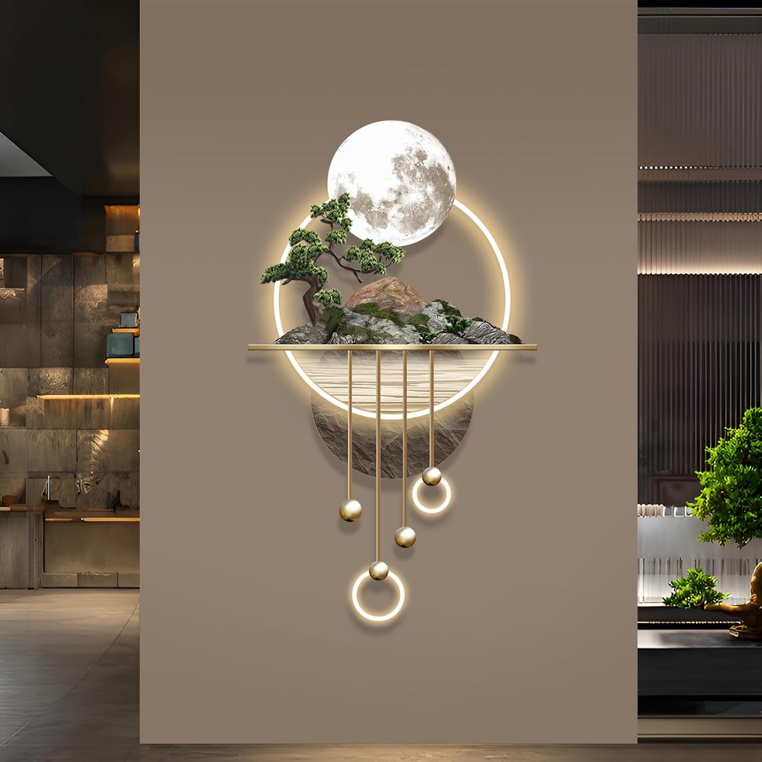 3D Art Wall Decor with Light, Decor Wall Sculptures Large 3D Art, Modern Home Decor Landscape Wall Sculpture, Plug-in Power Supply, Gold A, 23x49IN Gold 23x49IN