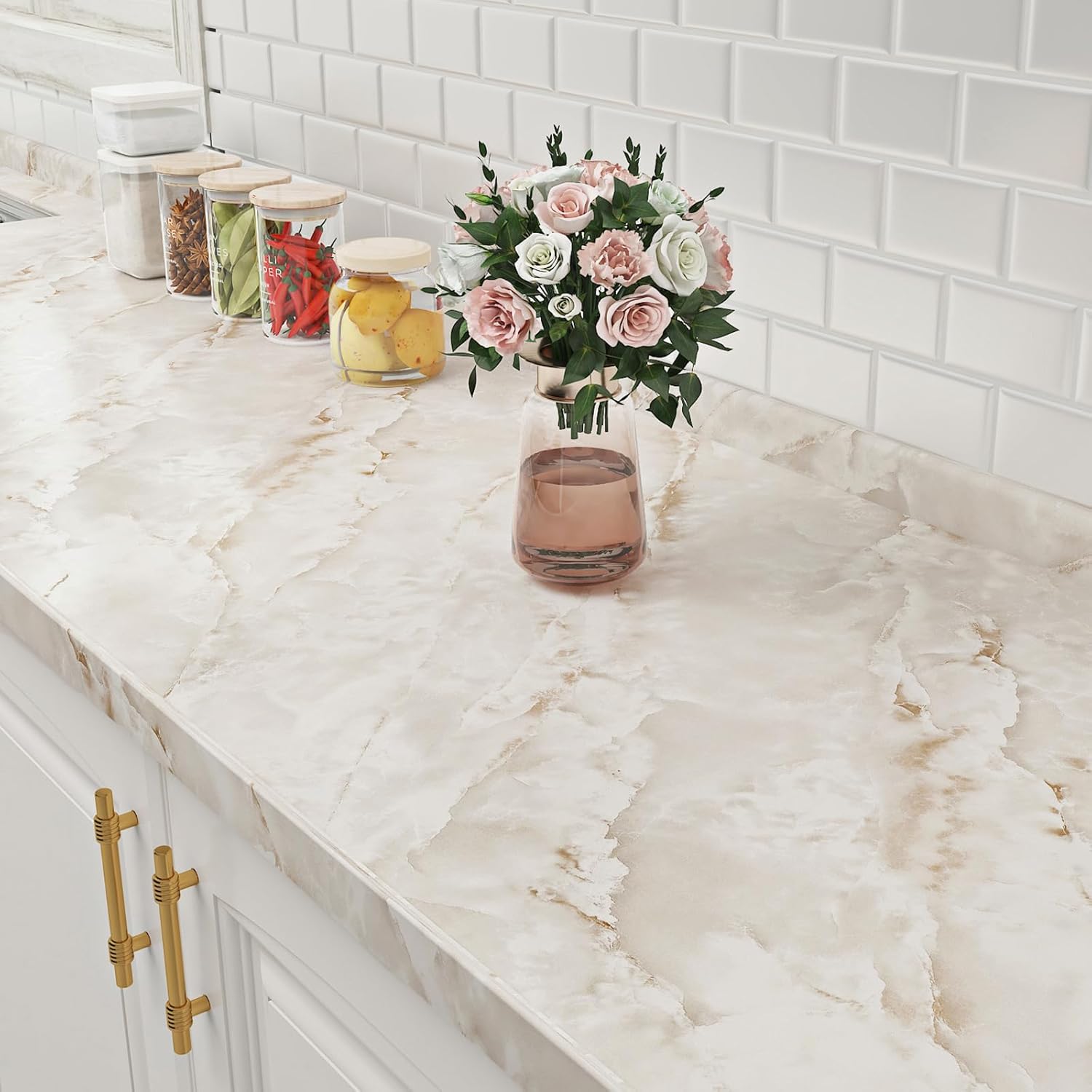 FunStick 24"x200" Cream Beige Onyx Marble Countertop Contact Paper Waterproof Self Adhesive Marble Wallpaper Peel and Stick Countertops for Kitchen Removable Wall Paper for Bathroom Table Desk Walls