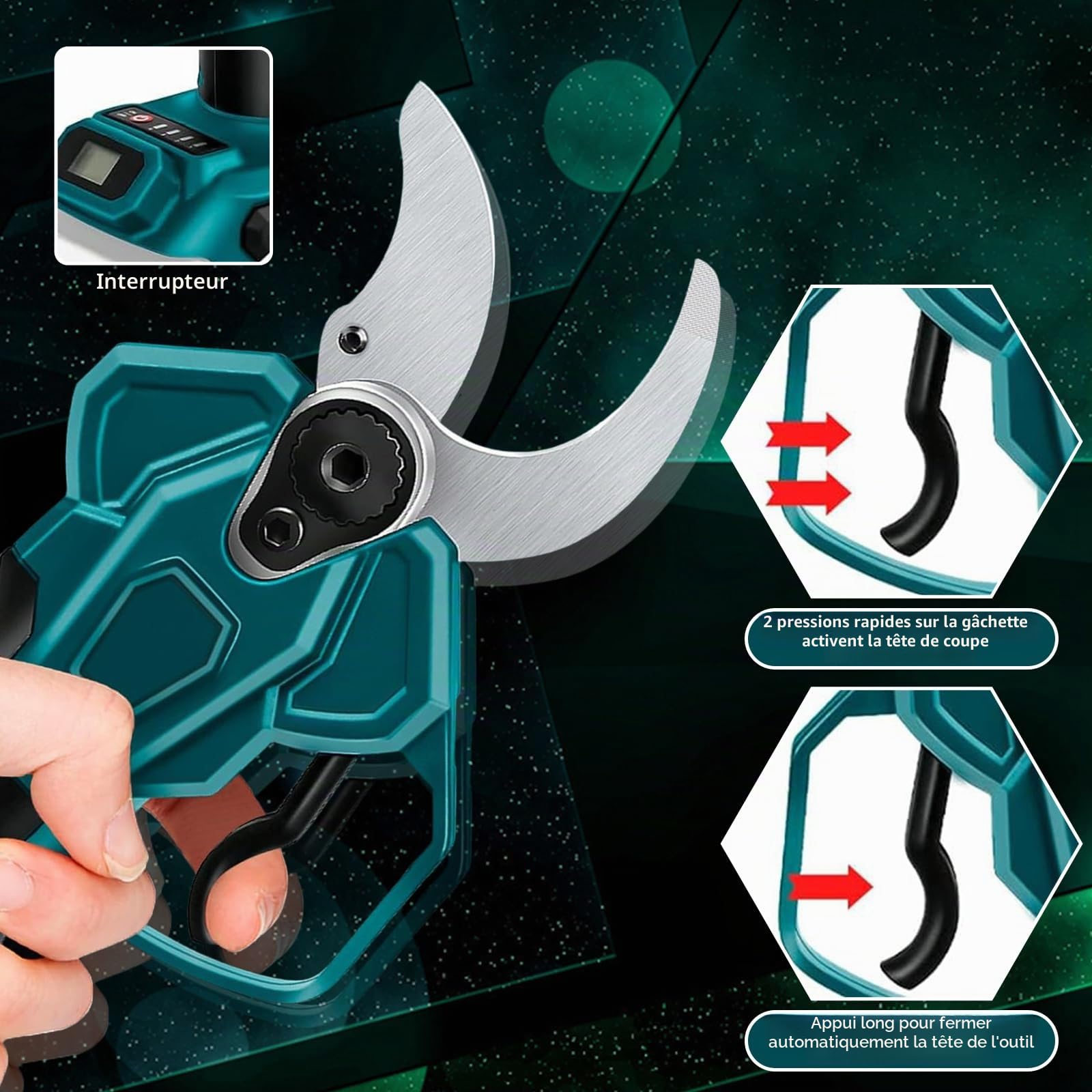 Sécateur électrique sans fil pour batterie Makita, Sécateur de Jardin électrique diamètre de coupe max 65 mm Ciseaux de Jardin sans Fil 4 vitesses avec écran LCD pour branches, arbustes
