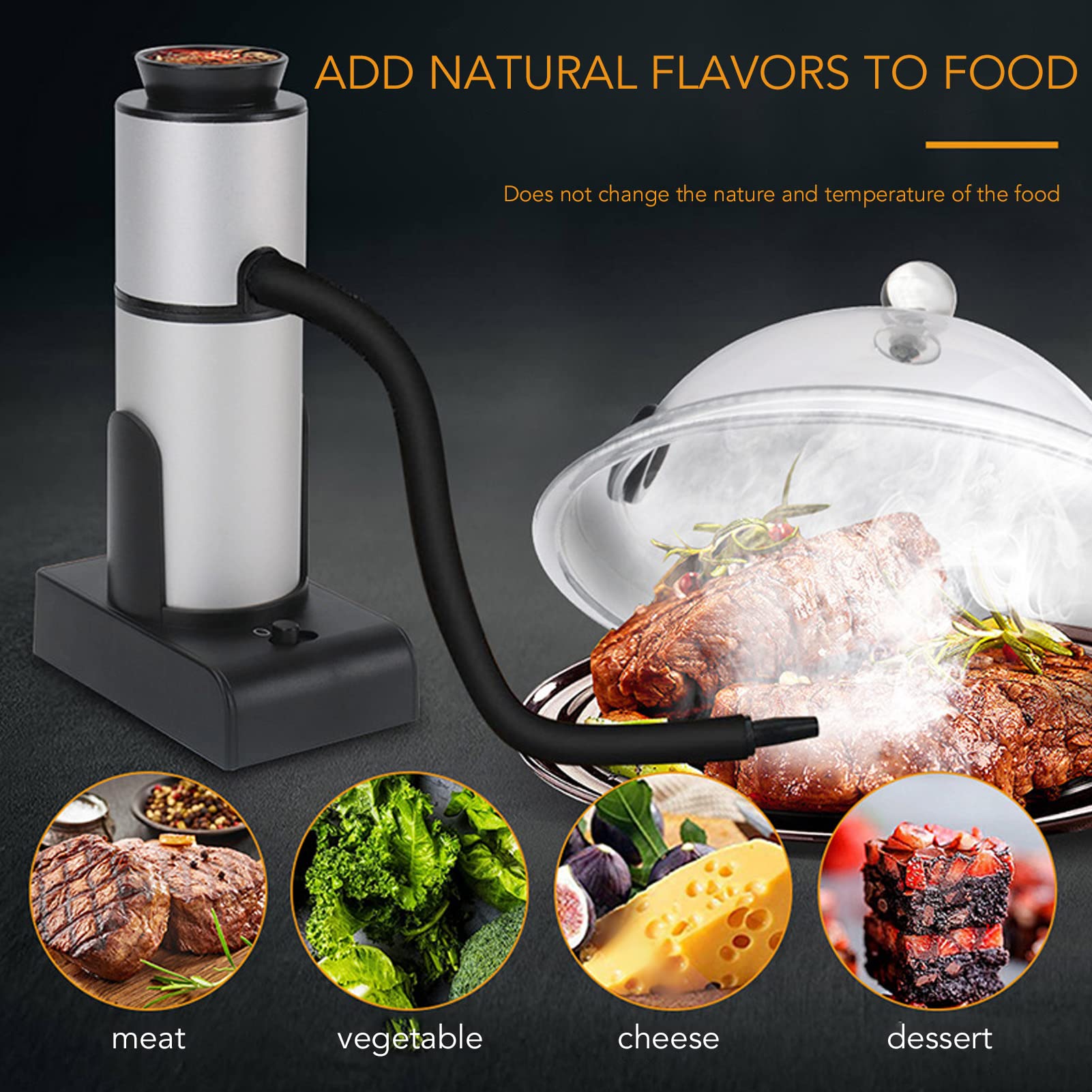Jeffergarden Infusore per Fumo di Legno Portatile, Affumicatore per Cocktail in Lega di Alluminio e Zinco con 2 Ingranaggi per Fumo, Affumicatore Portatile Rimovibile per Carne, Formaggio, Dessert,