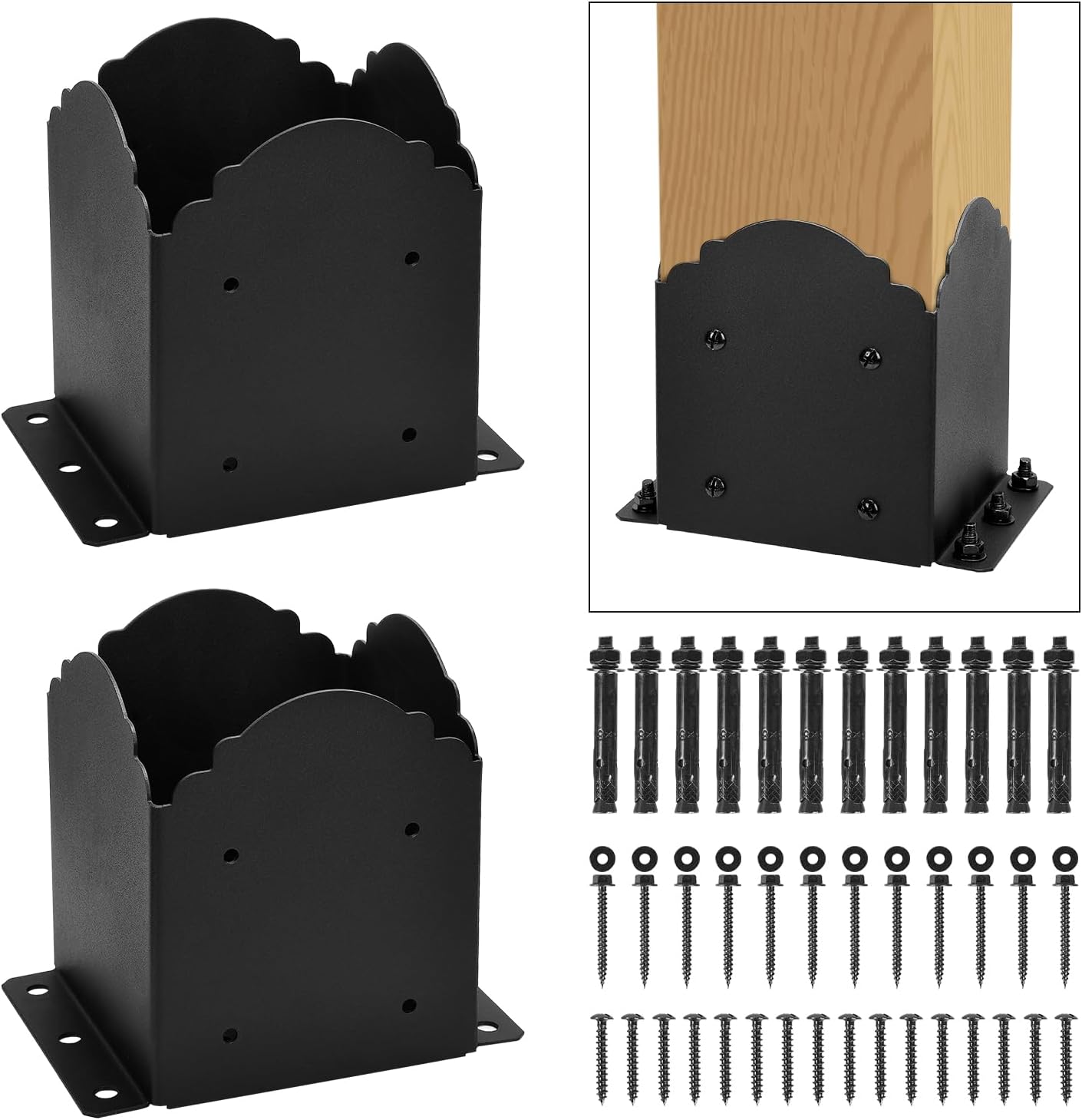 Creative Design 6x6 Post Base, Square Bracket Post Base for Fence Mailbox Deck, Bolt Down Post Base Wood Post Ground Anchor, Fit 5.5''x5.5'' Square Wood Post (Black - Set 2)