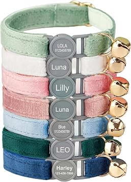 Personalized Breakaway Cat Collar - Velvet, Safety Buckle, Custom Name and Phone Number, Soft, Adjustable