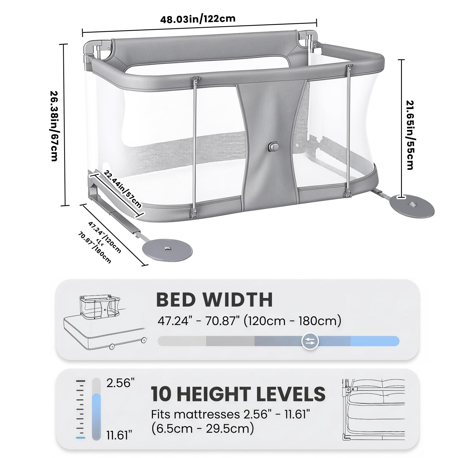 Baby-Beistellbett höhenverstellbar tragbares Seitenbett mit atmungsaktiven Mesh-Fenstern waschbarem Innenbezug