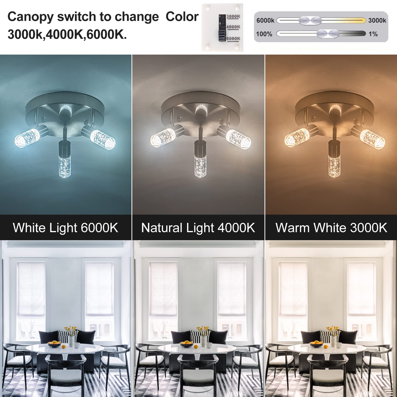 5-Light Dimmable LED Ceiling Spotlight Fixture - Adjustable Heads, 3 Color Temperatures, Flush Mount, Brushed Nickel