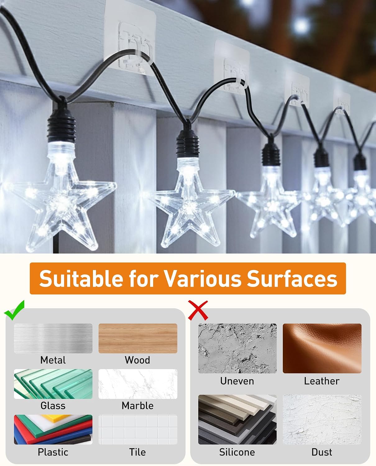 AGPTEK 100Pcs Hooks for Outdoor String Lights Clips, Heavy Duty Light Hook with Adhesive Strips - Outside Clear Cable Clips Cord Holders for Hanging Christmas Lighting - Outdoors Sticky Clip