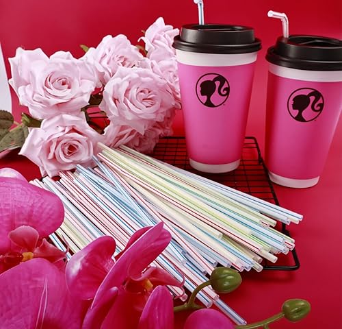 Miniatura 2 de 200 popotes de plástico desechables flexibles, varios colores, a rayas, 8.26 pulgadas de alto, diámetro de 0.197 in