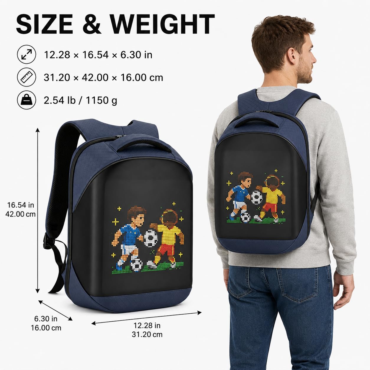 Gelrova LED Zaino con controllo tramite app, display LED dinamico, zaino per laptop, leggero e resistente, spazio multifunzionale per uomini e donne (Blu)