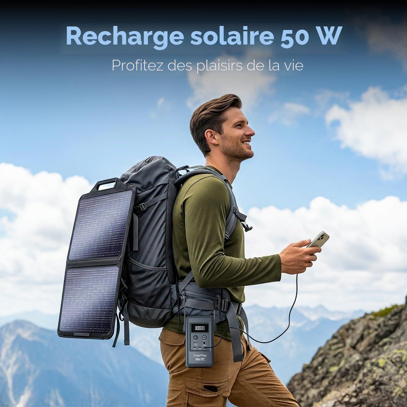 SolarPlay Q100 Station d'énergie portable de 100 W, petit générateur avec prises de courant/CC/USB/lumière LED, batterie externe de 92,5 Wh pour camping, secours domestique et coupures d'urgence