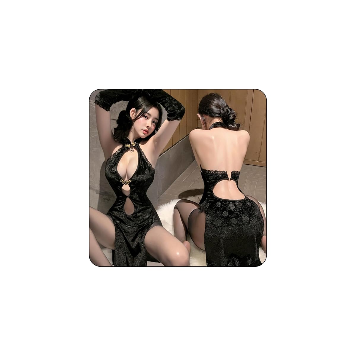 セクシーなチャイナドレス 3点セット 花柄 刺繍 チャイナ服 古典的なデザイン ベビードール＆Ｔバック付き レディース ランジェリー エッチなコスプレ スリット 露出胸 可愛い チャイナ服 女性用 人気 仮装 黒