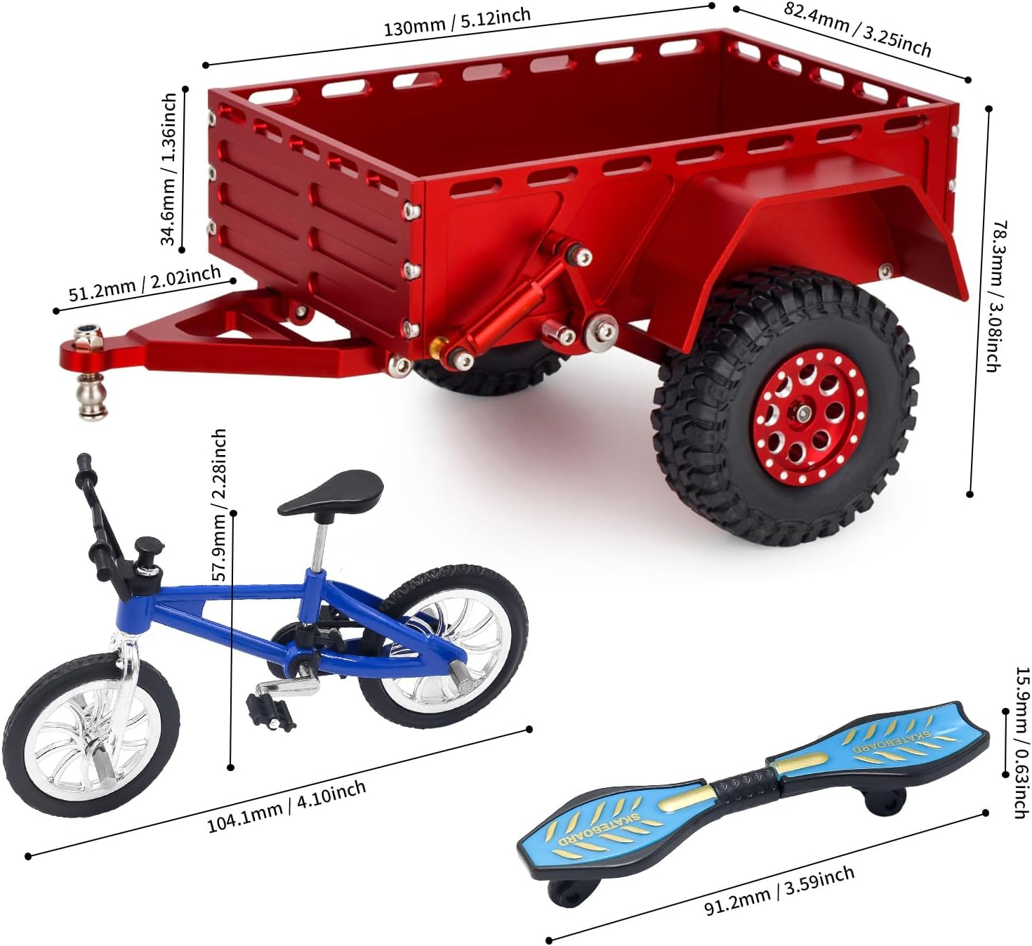 Aluminum RC Trailer CNC Machined RC Utility Trailer with Ball Head Hitch and Simulation Skateboard and Bicycle Decoration for TRX4M SCX24 Redcat Ascent-18 1/18 1/24 Scale RC Crawler Upgrade (Red)