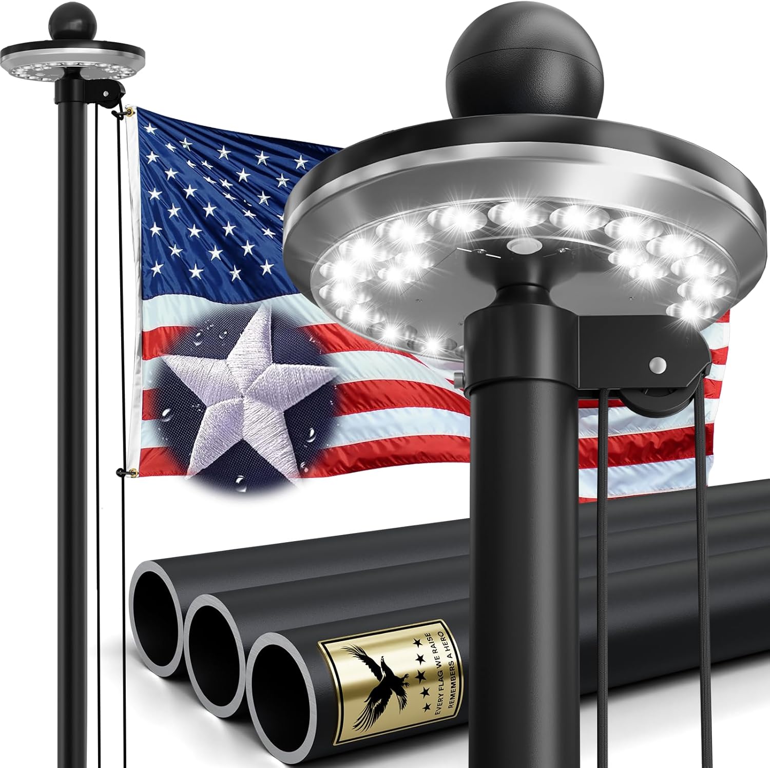 25FT Heavy Duty Flag Pole with Solar Light,Real 11 Gauge Aluminum, 2.4" Large Bottom Tube,In Ground Flagpole for Outside House,Residential & Commercial, Gift Box Packaging-120MPH Wind Tested 25 FT Black