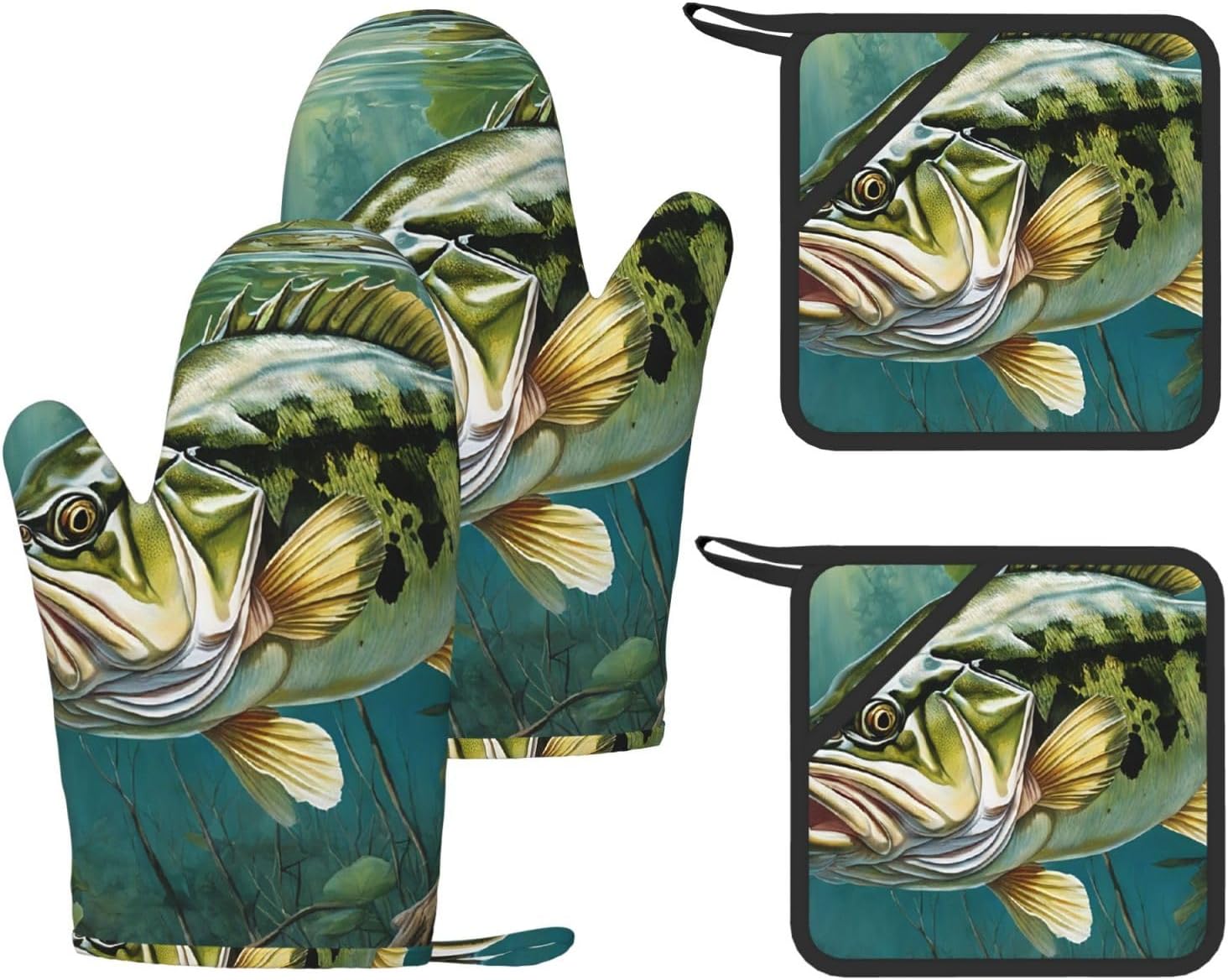Bass Fishing Wave 4pcs Oven Mitts and Pot Holders Sets for Kitchen, Silicone Oven Gloves Non-Slip Potholders Hot Pads for Baking Cooking