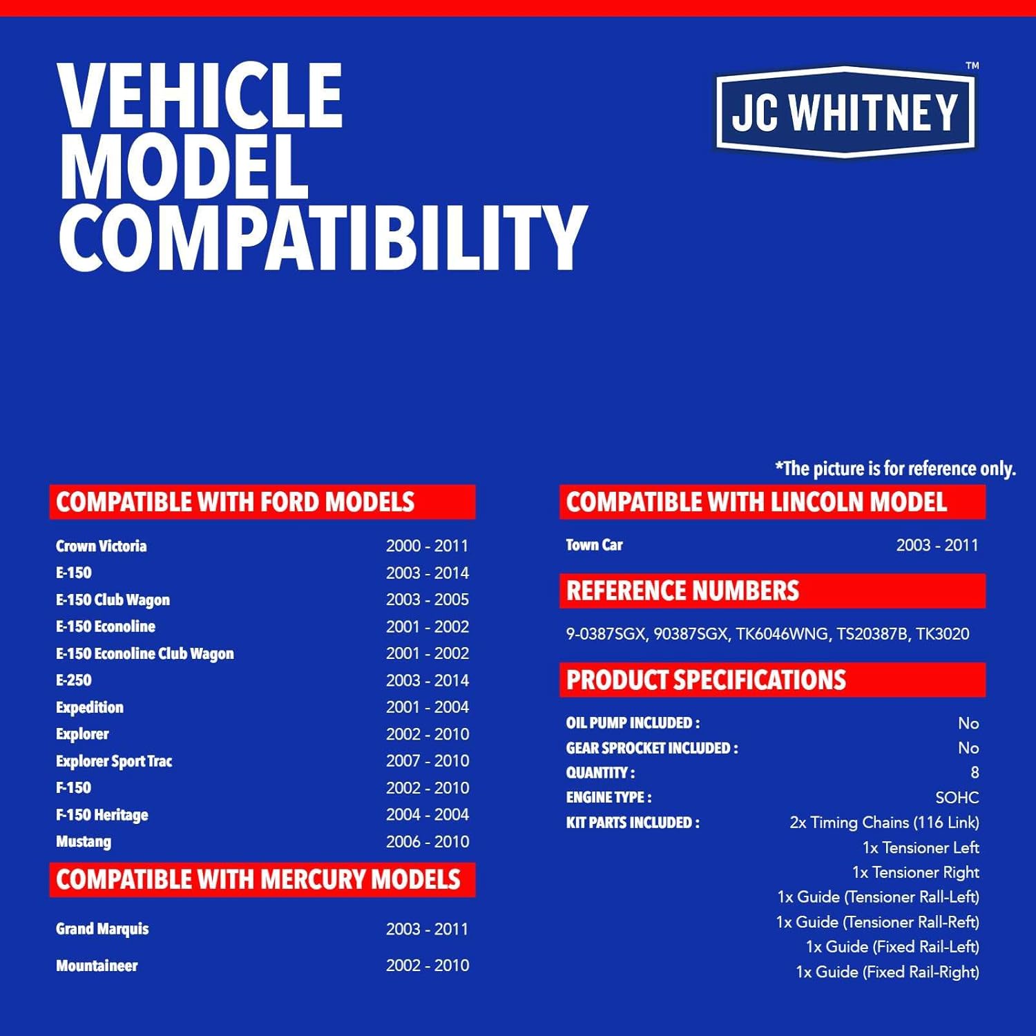 JC Whitney JFBAJCWTCK00095 Engine Timing Chain Kit with Tensioner - Fits SOHC V8 4.6L - Compatible with Ford F-150, F-150 Heritage, Explorer, Mustang, Expedition, Lincoln Town Car