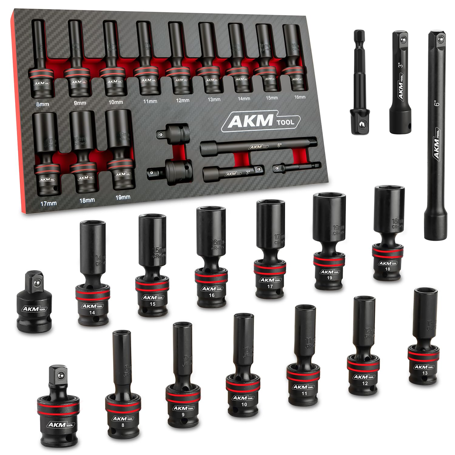 AKM TOOL 3/8" Drive Universal Impact Socket Set, 17 Piece Deep Swivel Socket Set, Wobble Sockets, Flexible, 6-Point, Metric, 8-19mm, Cr-Mo with 3" 6" Extension Bars and Adapter