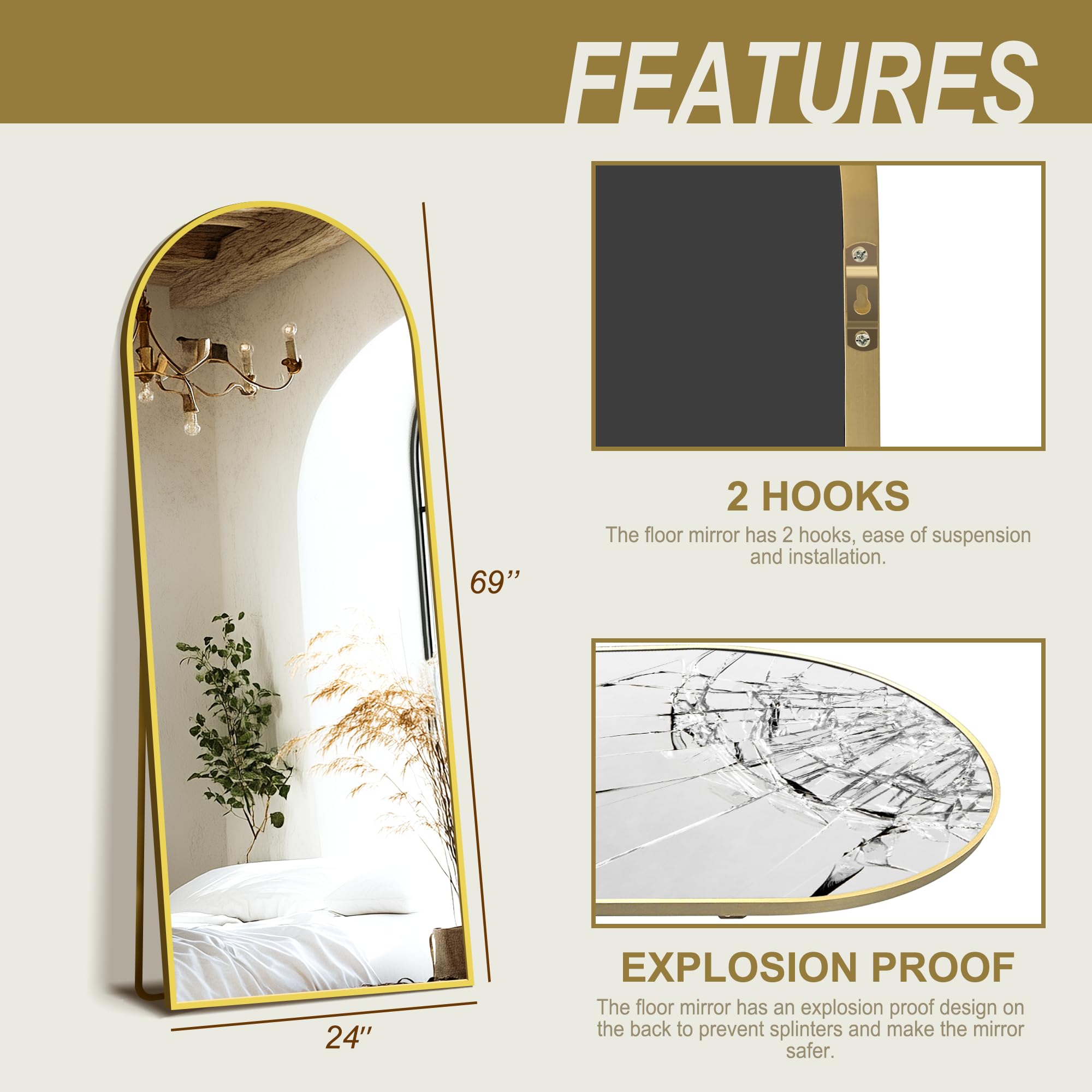 Condition photo showing New/Like New for Delma Wall Mirror Full Length, Standing Floor Mirror for Bedroom Bathroom Living Room with Aluminium Frame (with Stand, Arch 69x24-Gold)