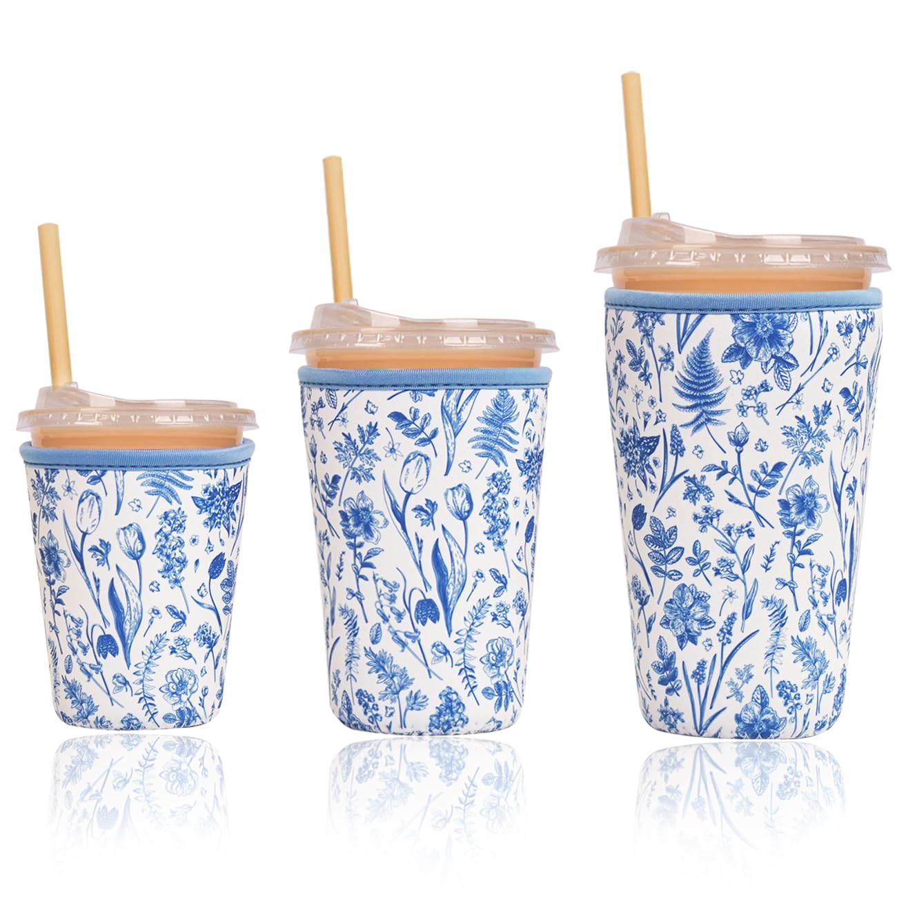Reusable Insulated Sleeve for Iced Coffee Cup, 3-Pack Coffee Neoprene Drink Sleeve for Cold &amp; Hot Drinks, Beverage Holder for Iced Coffee (Blue Fern Florals)