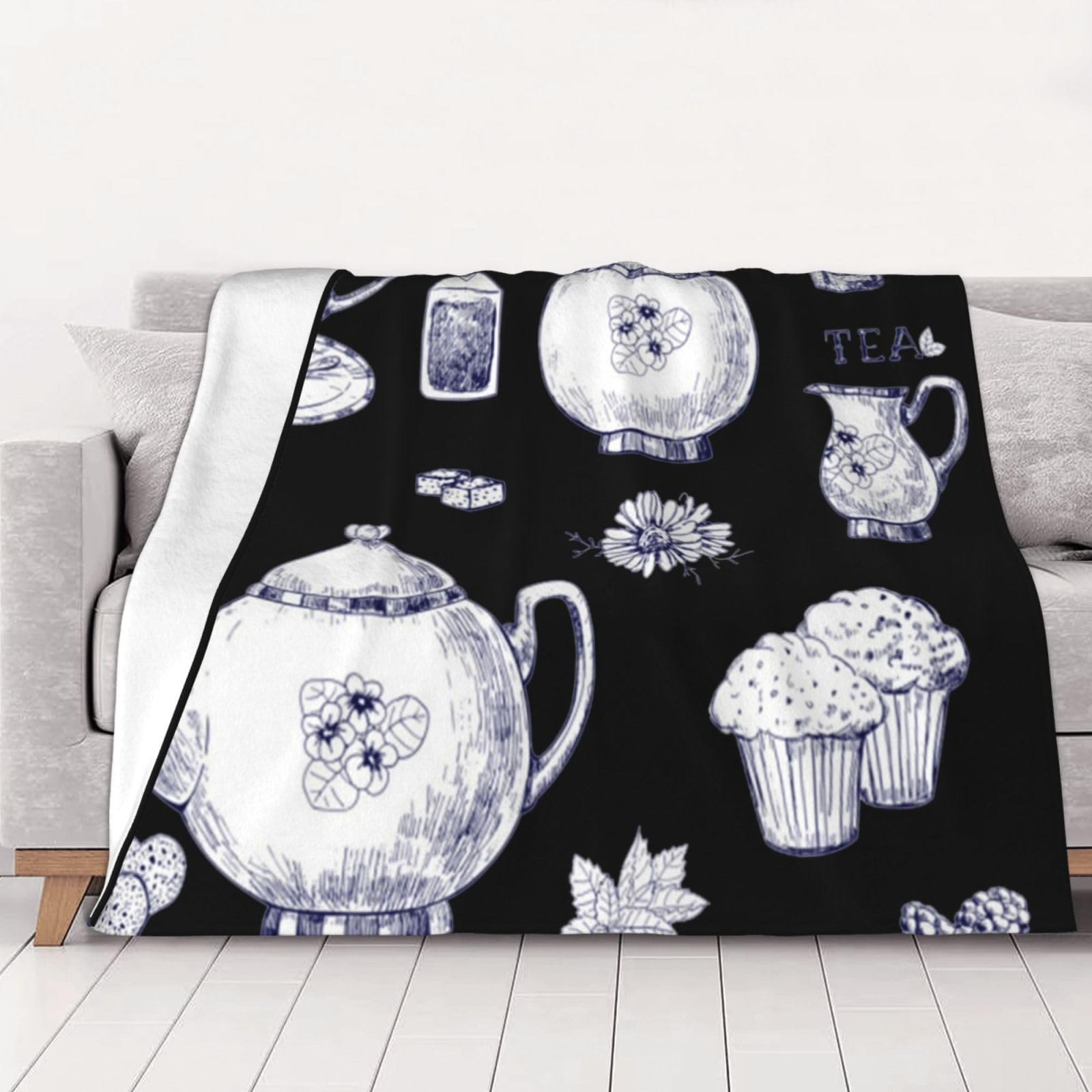 AUBKFELD Hand Drawn Teapots and Cups Printed Flannel Blanket 150x125 CM, Soft & Warm Throw Blanket for Sofa/Couch/Bed/Car, Gifts for Audlts Women Men