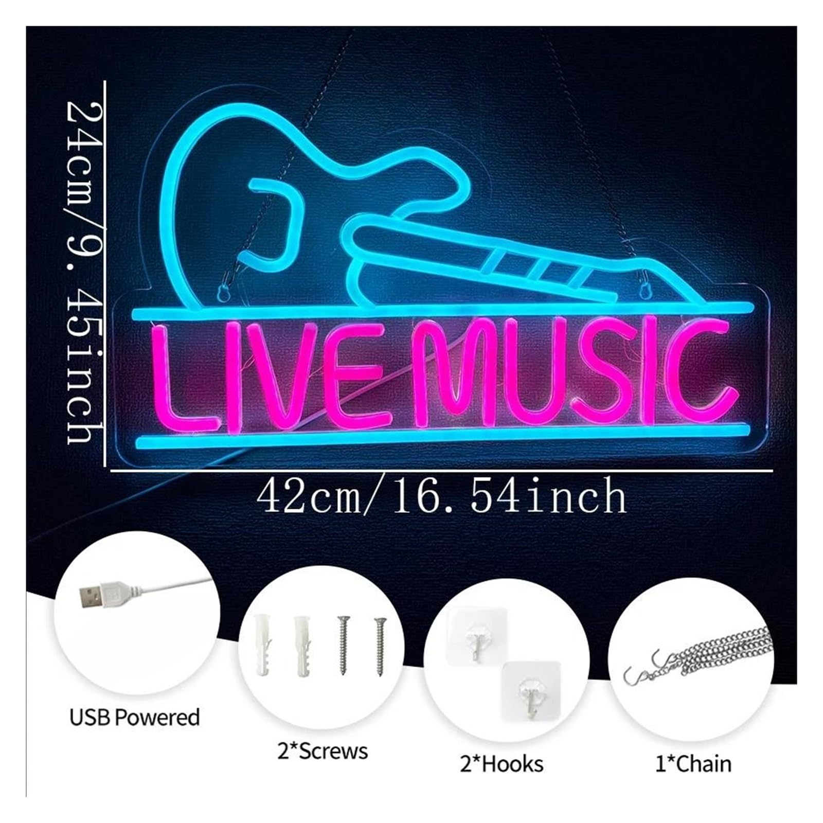 Insegna al Neon Insegna Al Neon Live Music Luce Per Chitarra Blu Dimmerabile Alimentata Tramite USB Per Studi Musicali Club Bar Decorazione Da Parete 42cmx24cm