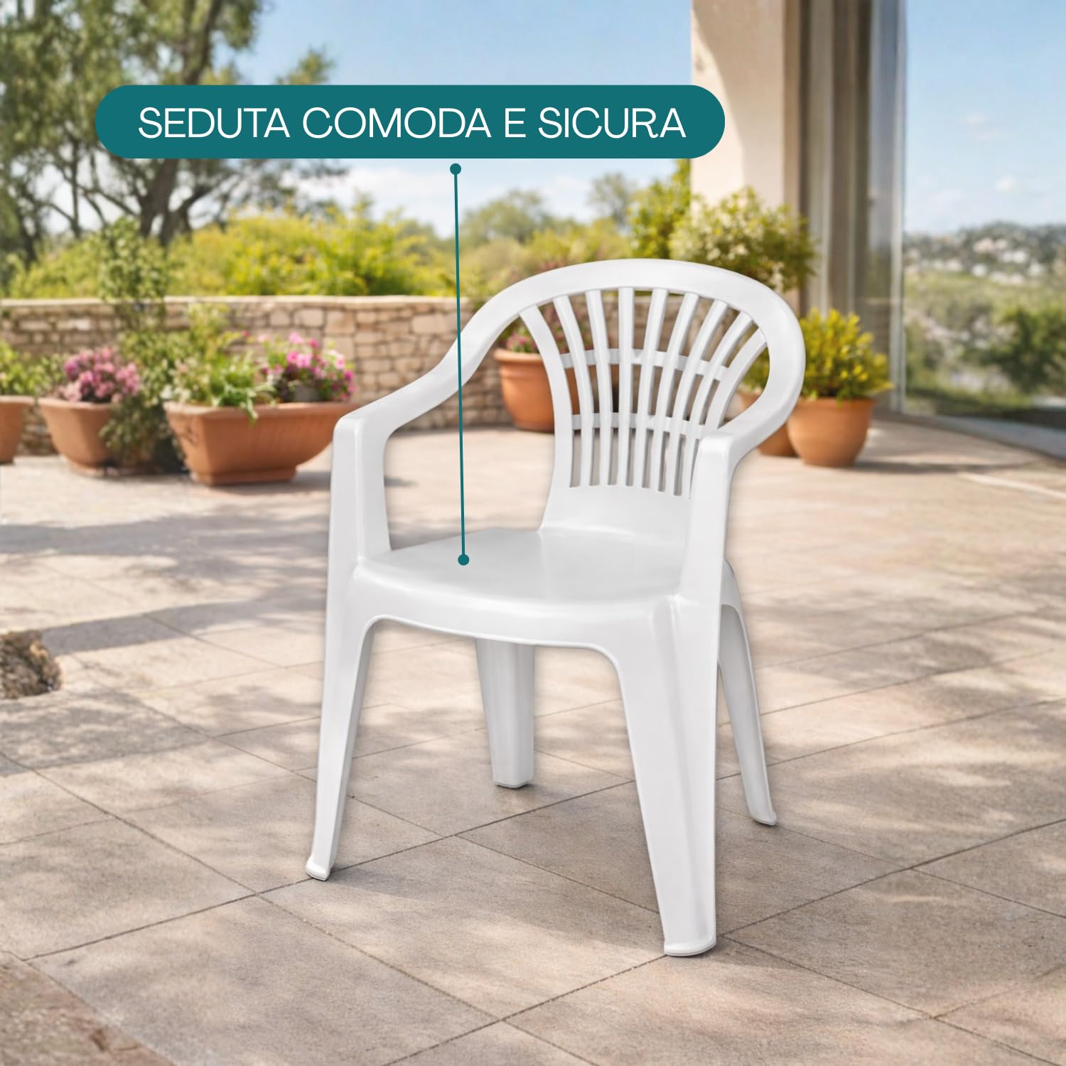 PALUPLUS Set Tavolo Ovale con 6 Sedie in Plastica da Giardino di colore Bianco, Misura tavolo 136x85x73 cm, Sedie Impilabili con Braccioli, Arredo da Esterno, Terrazzo, Made in Italy -FAR/LYR