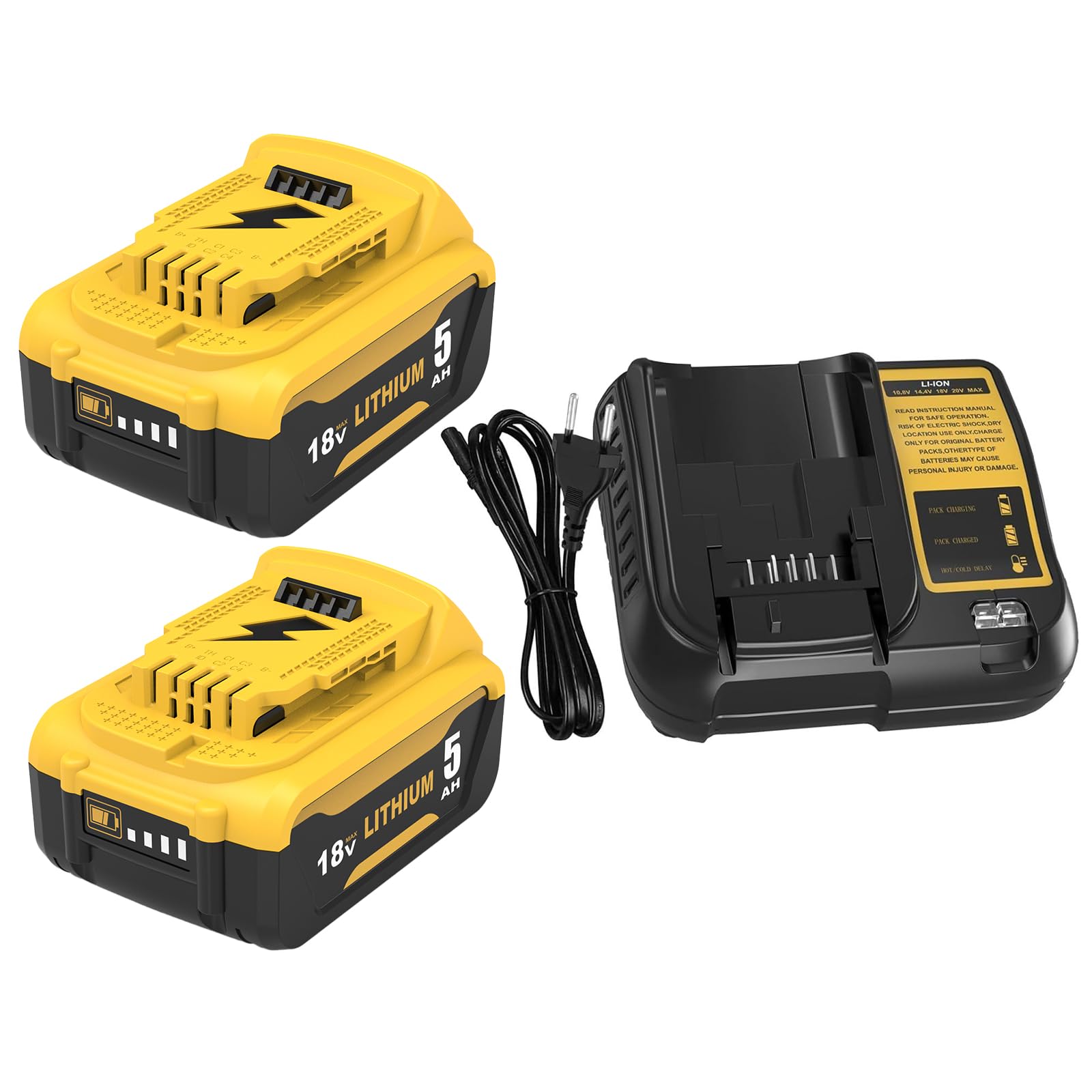 2 baterías de Repuesto de 18 V 5,0 Ah, compatibles para Dewalt + Cargador de 3 A DCB107, adecuadas para Dewalt los Cargadores de 10,8 V a 18 V DCB200 DCB200-2 DCB204 DCB120 DCB127