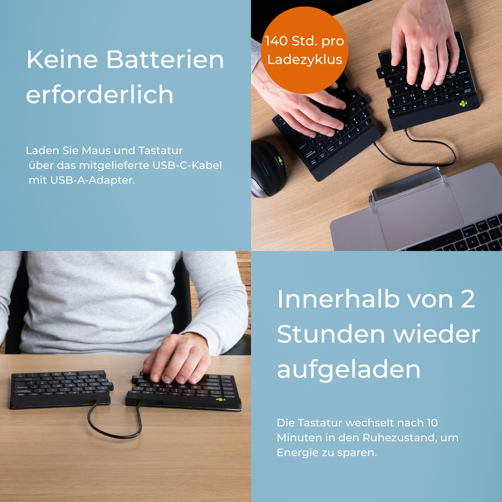 R-Go Split Break Tastatur mit Tasche - QWERTZ (DE) - Bluetooth Kabellos - Ergonomische Split-Tastatur wiederaufladbar - Filz-Etui - Anti-RSI - Schwarz
