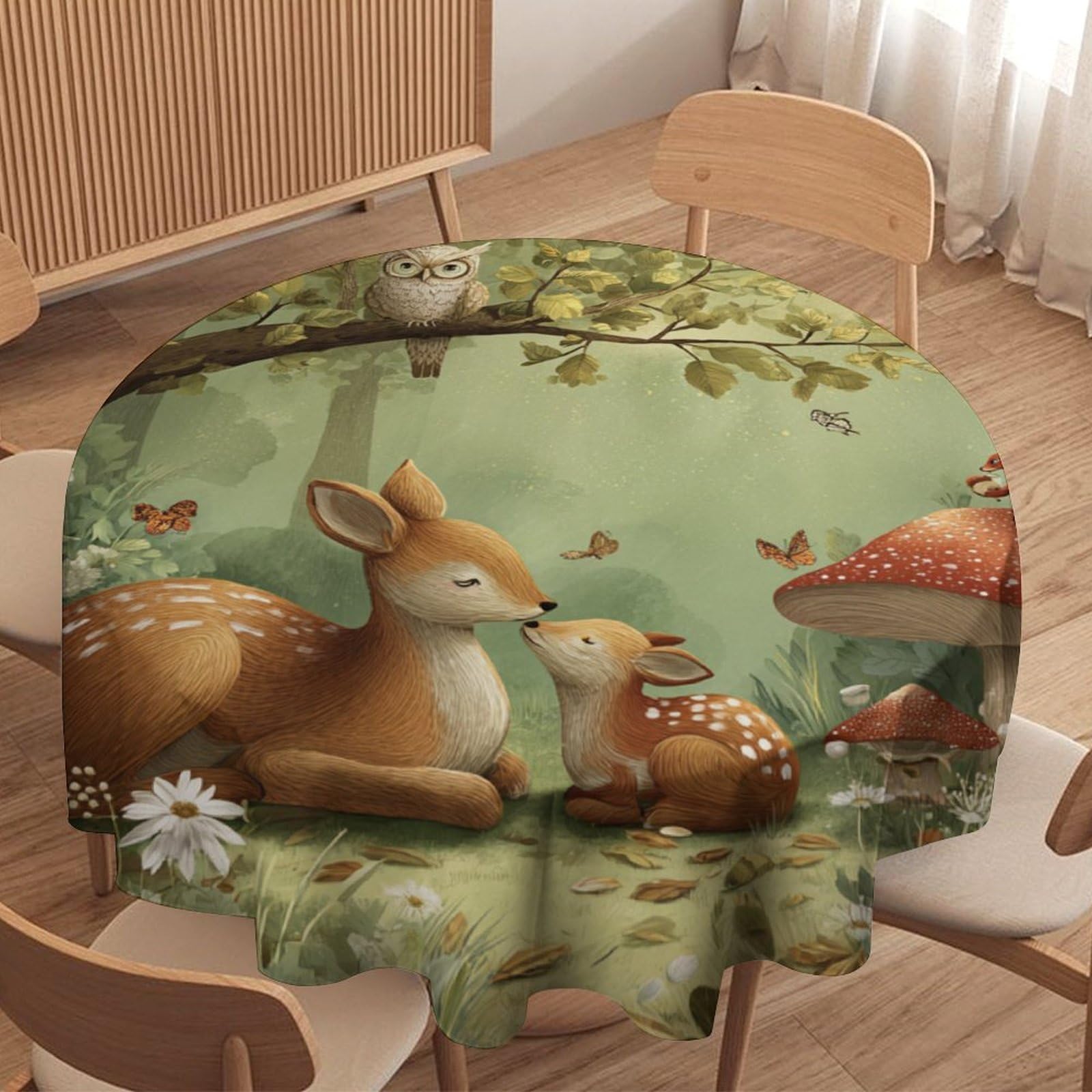 LUYYSKY Cute Abstract Deer Round Tablecloth Beautiful Classic Autumn Animal Elk Squirrel Owl Mushroom Daisies Washable Decor for Table Cover for Kitchen-127 Wx127 L cm