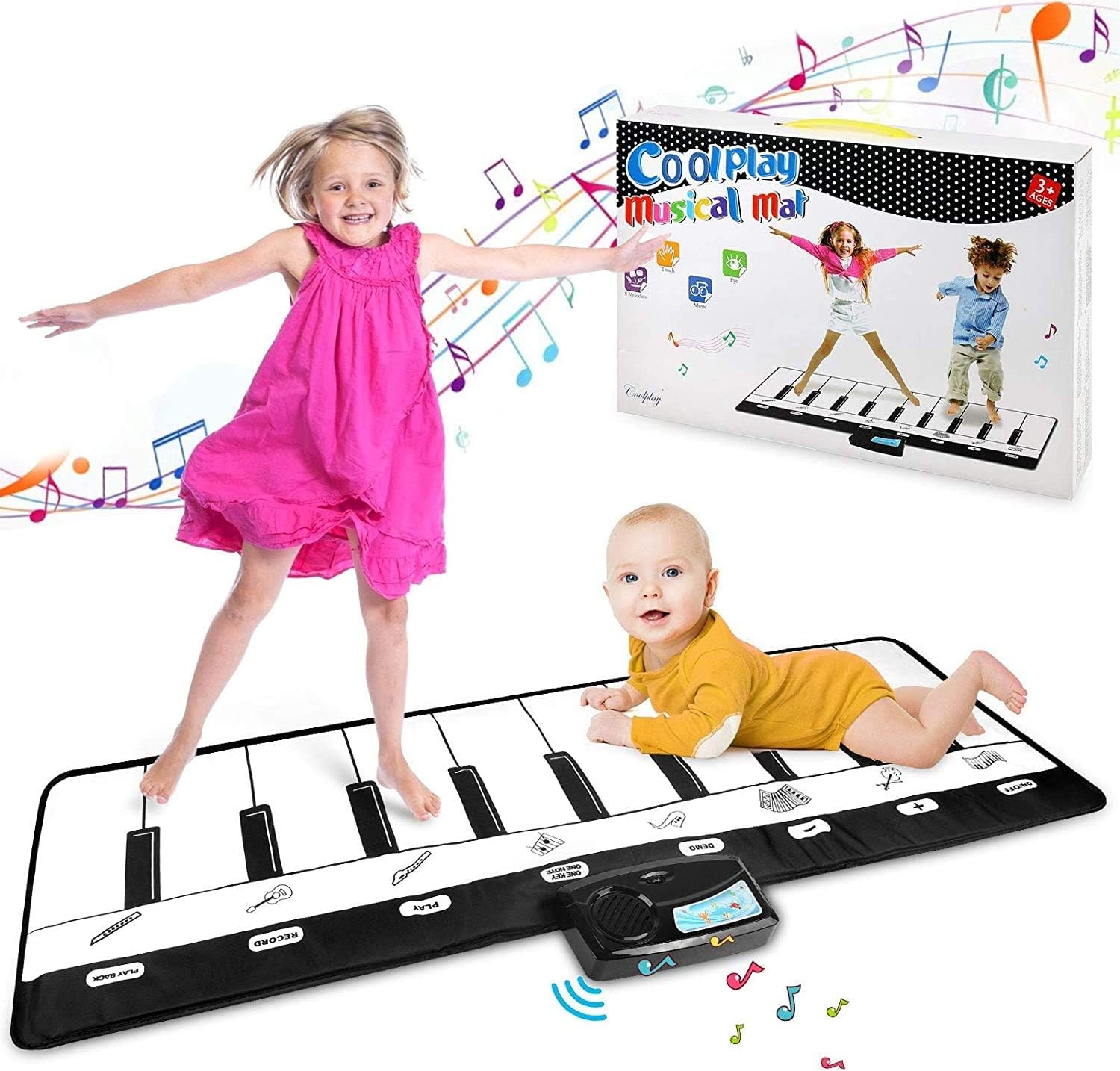 RILLATEK-AE Gift for 2-8 Year Old Kids, Musical Piano Mat, 8 Musical Instruments Sounds, 10 Demo, Dance Mat, Birthday Christmas Presents for Boys Girls Kids Toddlers(110 * 36cm)