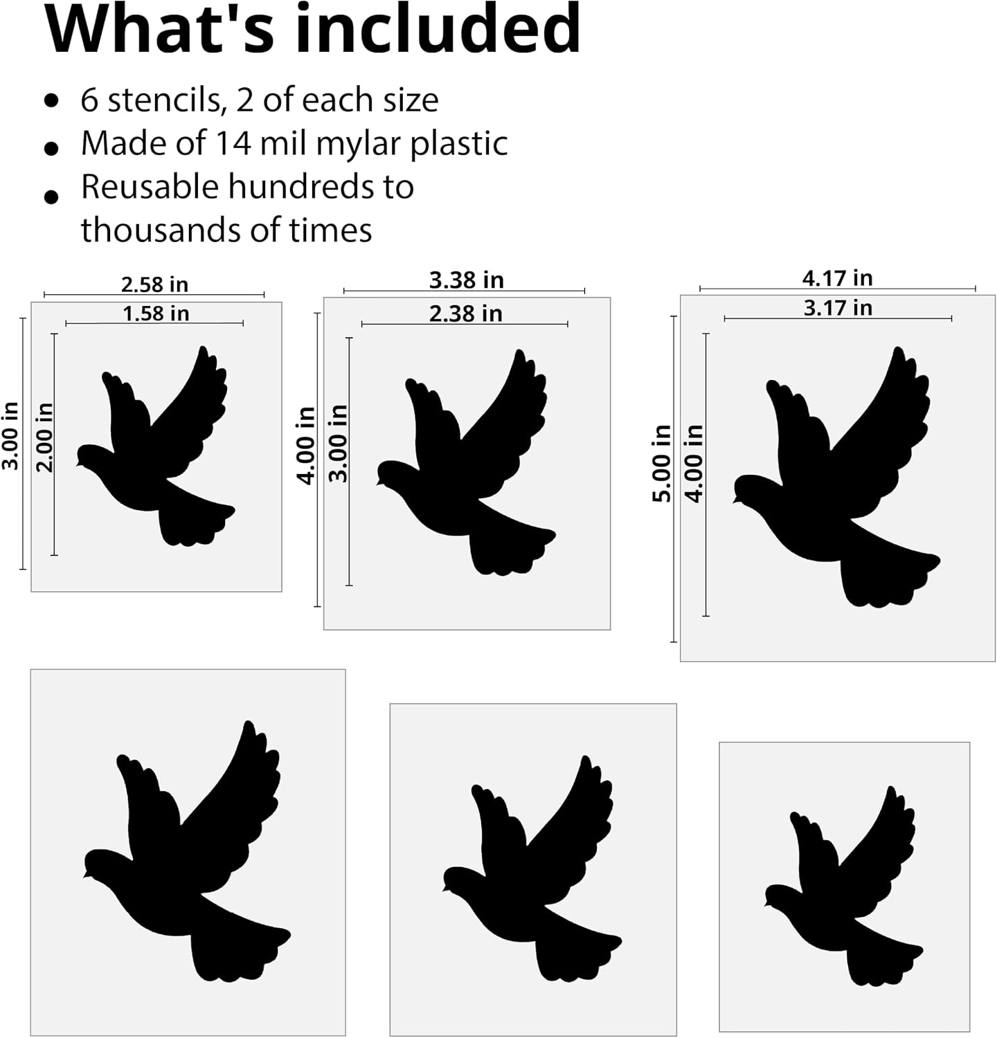 Stencil Stop Flying Dove Stencil - Reusable for DIY Projects, Painting, Drawing, Crafts - 14 Mil Mylar Plastic 6 Pack (2", 3", and 4", 2 Each)