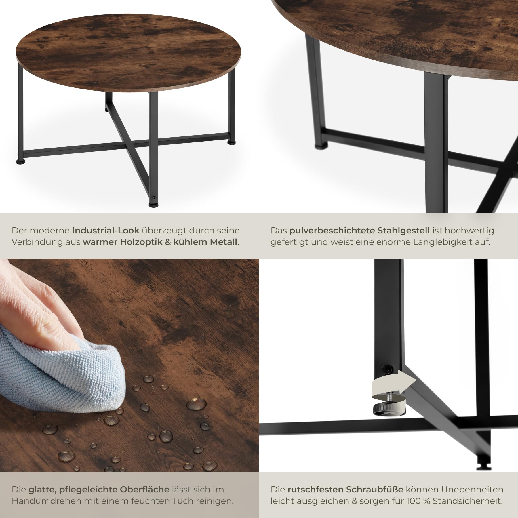 tectake® Couchtisch rund Holz und Metall, Beistelltisch rund, runder Tisch Wohnzimmer, Sofatisch, Wohnzimmertisch, Coffee Table Ø 88,5 cm, einfache Montage - Industrial Holz dunkel, rustikal