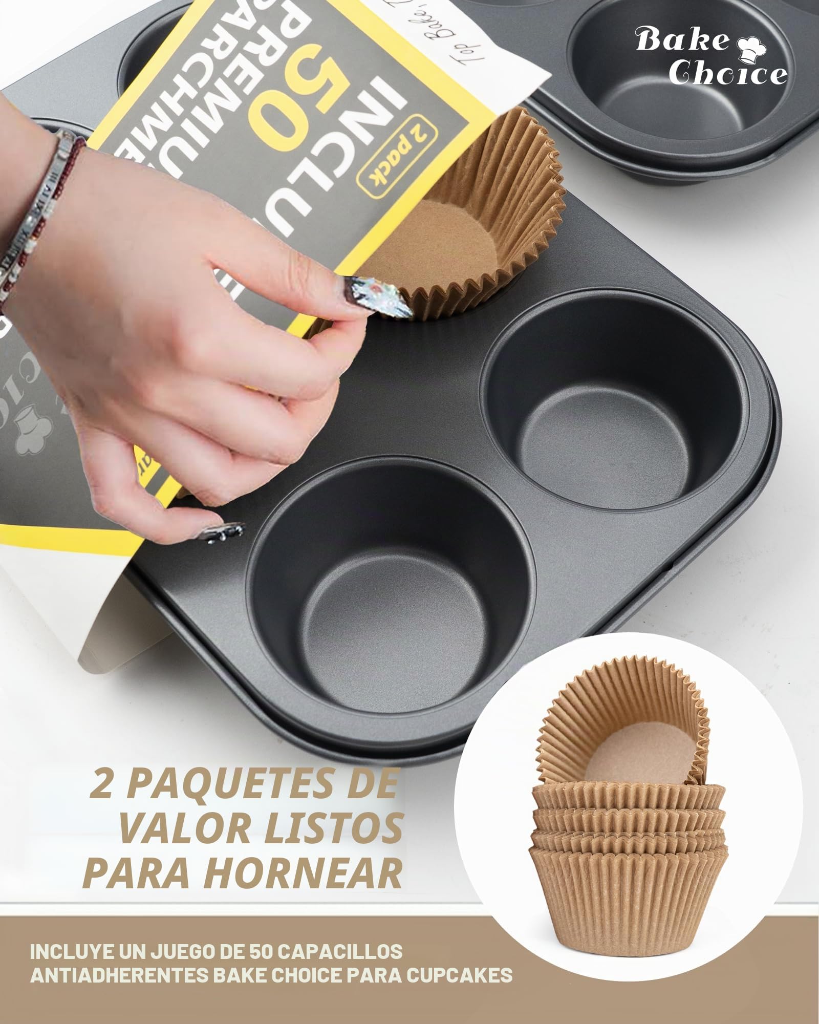 Bake Choice 2 Piezas Jumbo Molde para Magdalenas 6 Tazas,Incluye 50 Piezas Jumbo Moldes Magdalenas Papel,acero al Carbono Antiadherente,para Fiestas & Hogar & Hornear