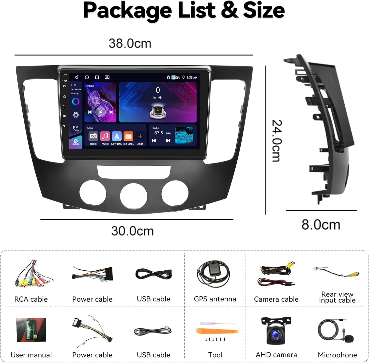 Image showing all components included in the SIXTOP Android Car Stereo package, including the head unit, wiring harnesses, GPS antenna, USB cables, RCA cables, external microphone, AHD backup camera, and an installation tool.