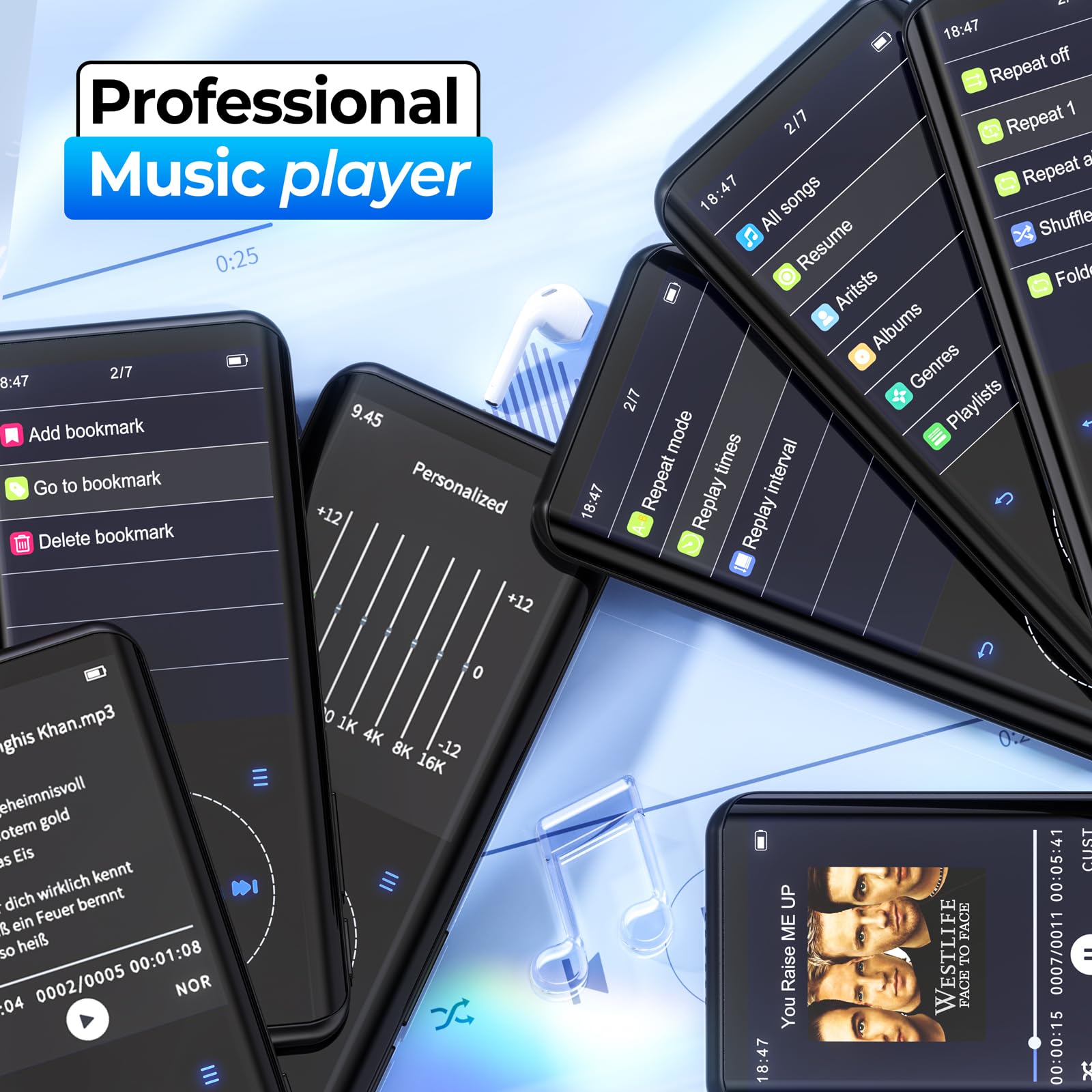 64GB Reproductor MP3 Bluetooth 5.3 con Diseño Metálico Curvo y Pantalla de 2,4 Pulgadas, Altavoz Integrado, Sonido HiFi Lossless, Teclas Táctiles, Radio FM, Grabadora de Voz, Ampliable hasta 128GB