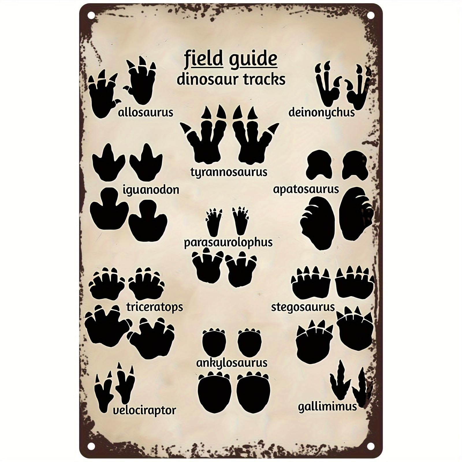 peiyeety Field Guide Dinosaur Footprints Dinosaur Aluminium Metal Tin Sign Home Plaque Poster Home Bar Pub Wall are Decor New 8"x12"