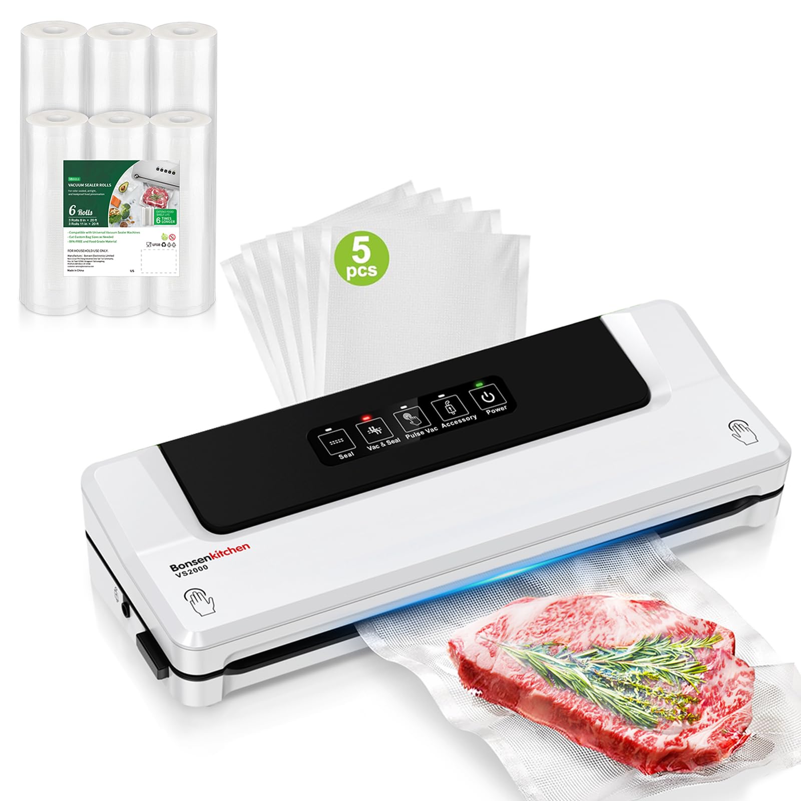 Bonsenkitchen Kit d'aspiration professionnel blanc Aspirateur à vide continu haute vitesse + 6 rouleaux de film sous vide sans BPA, incl. 5 sachets de démarrage et tuyau