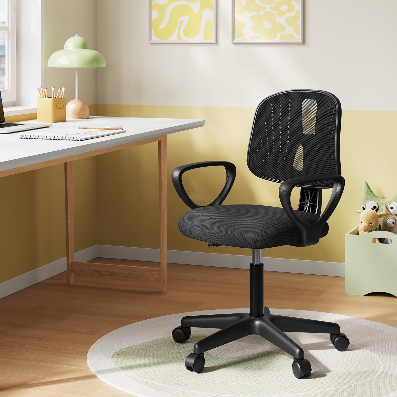 Krzesło biurkowe dla dzieci, obrotowe krzesło do nauki, ergonomiczne krzesło z kółkami, oddychająca tkanina siatkowa, automatycznie regulowany stołek obrotowy z oparciem, czarny, K0003BS