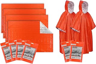 Emergency Blanket(4-Pack), Emergency Rain Poncho(2-Pack) with Mylar Blanket Liner, Non-Toxic, ODORLESS, Largest and Thickest Survival Blanket