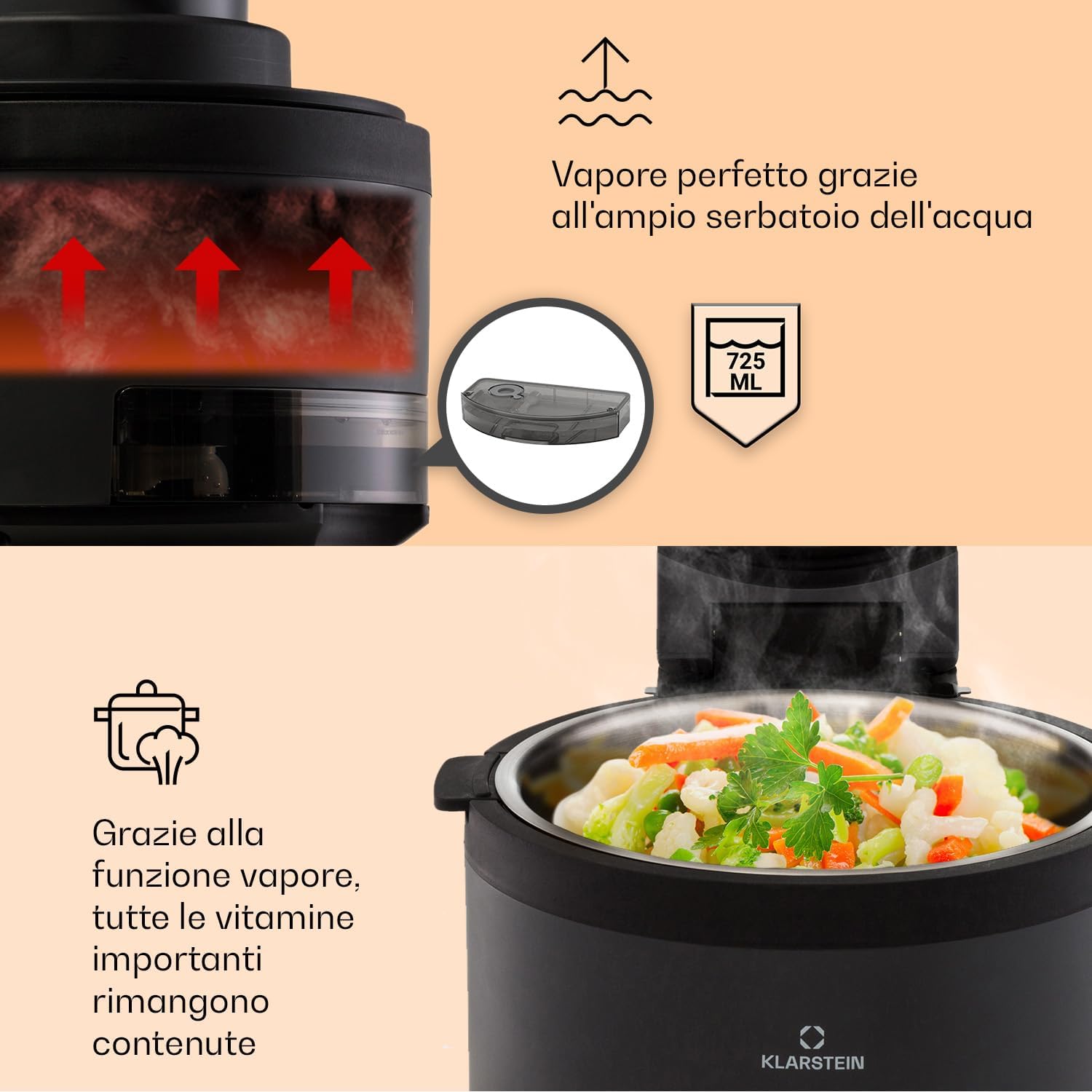 Klarstein Friggitrice ad Aria 2 in 1 con Funzione Vapore, Air Fryer 1250W, Friggitrice ad Aria Calda Touch, Friggitrice Elettrica 6 Programmi, Timer, Accessori Extra, Friggitrice Aria e Vaporiera 5L Klarstein Friggitrice ad Aria 2 in 1 con Funzione Vapore, Air Fryer 1250W, Friggitrice ad Aria Calda Touch, Friggitrice Elettrica 6 Programmi, Timer, Accessori Extra, Friggitrice Aria e Vaporiera 5L