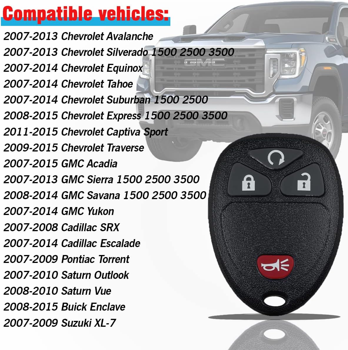 Car Key Fob Keyless Entry Remote Compatible with Chevy Silverado Avalanche Captiva Equinox Tahoe Traverse, GMC Sierra Acadia Savana Yukon, Remote Start Replacement OUC60221, OUC60270