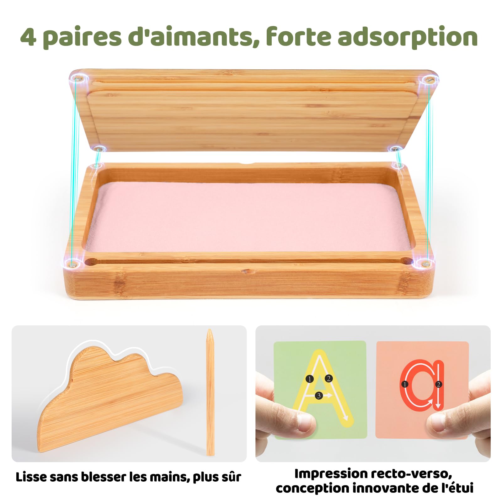 AtMini Montessori Table de Sable début d'entraînement d'écriture et de Dessin Jouet en Bois Montessori Table de Sable éducative Jouet pour Le développement Moteur précoce chez Les Enfants（Rose）
