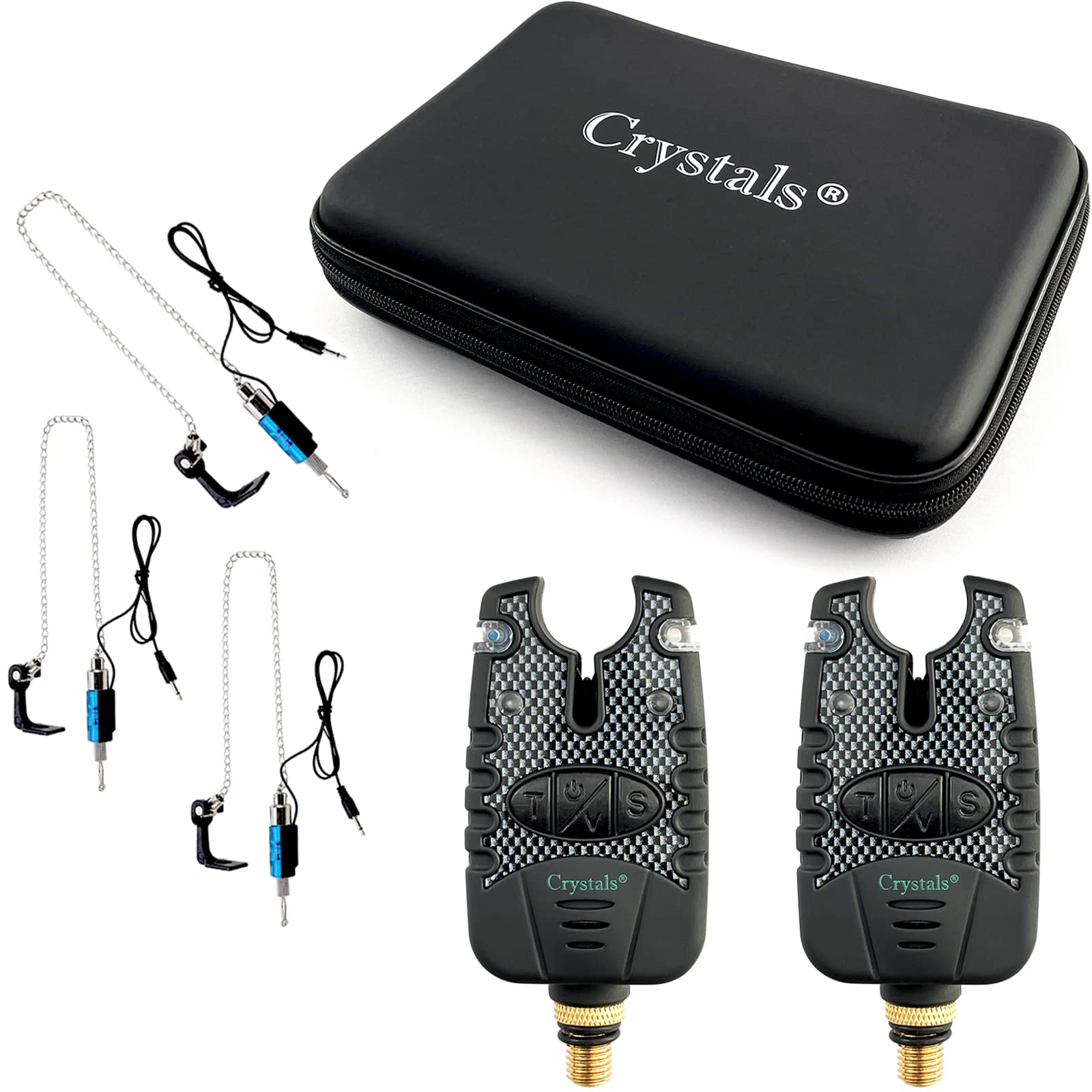 Crystals 2PC Fishing Bite Alarm, Carp Fishing Bite Alarm Set with Adjustable Volume & Tone – Fishing Swinger Indicators Included – Compact Case – Ideal for Carp Angling, Night & Day Fishing_Black