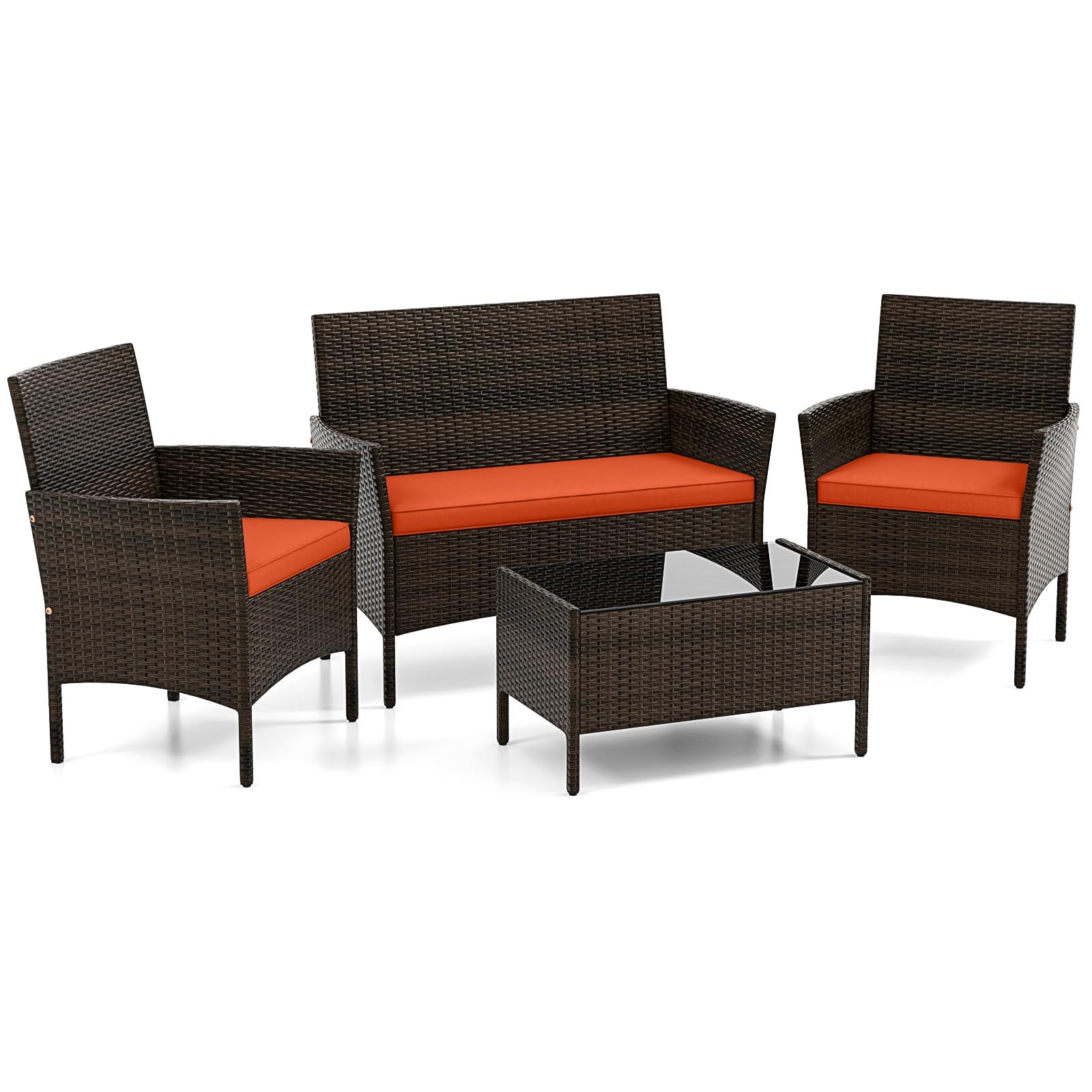 DORTALA 4-Piece Rattan Patio Furniture Set, Outdoor Table & Chair Set with Tempered Glass Coffee Table, Cushion, Wicker Conversation Set for Garden,